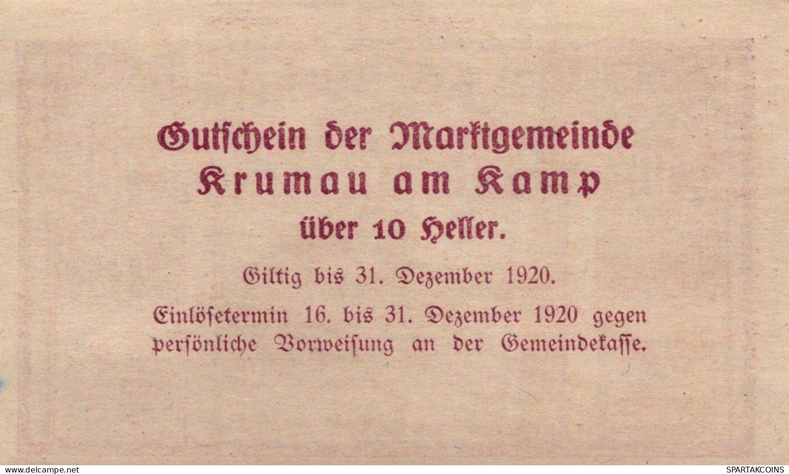 10 HELLER 1920 Stadt Krumau Am Kamp Niedrigeren Österreich Notgeld Papiergeld Banknote #PG917 - [11] Local Banknote Issues