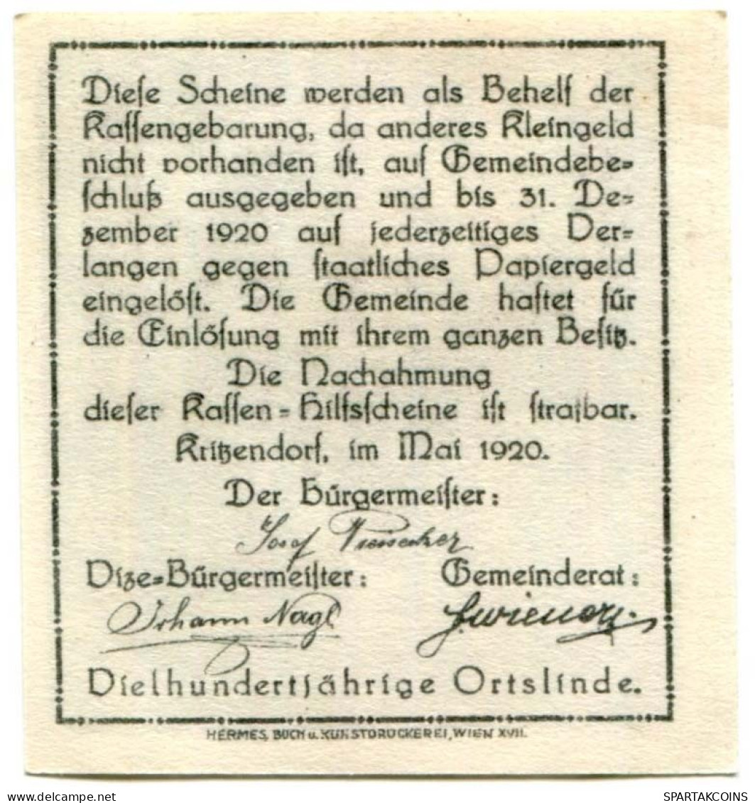 10 HELLER 1920 Stadt KRITZENDORF Niedrigeren Österreich Notgeld Papiergeld Banknote #PL660 - [11] Local Banknote Issues