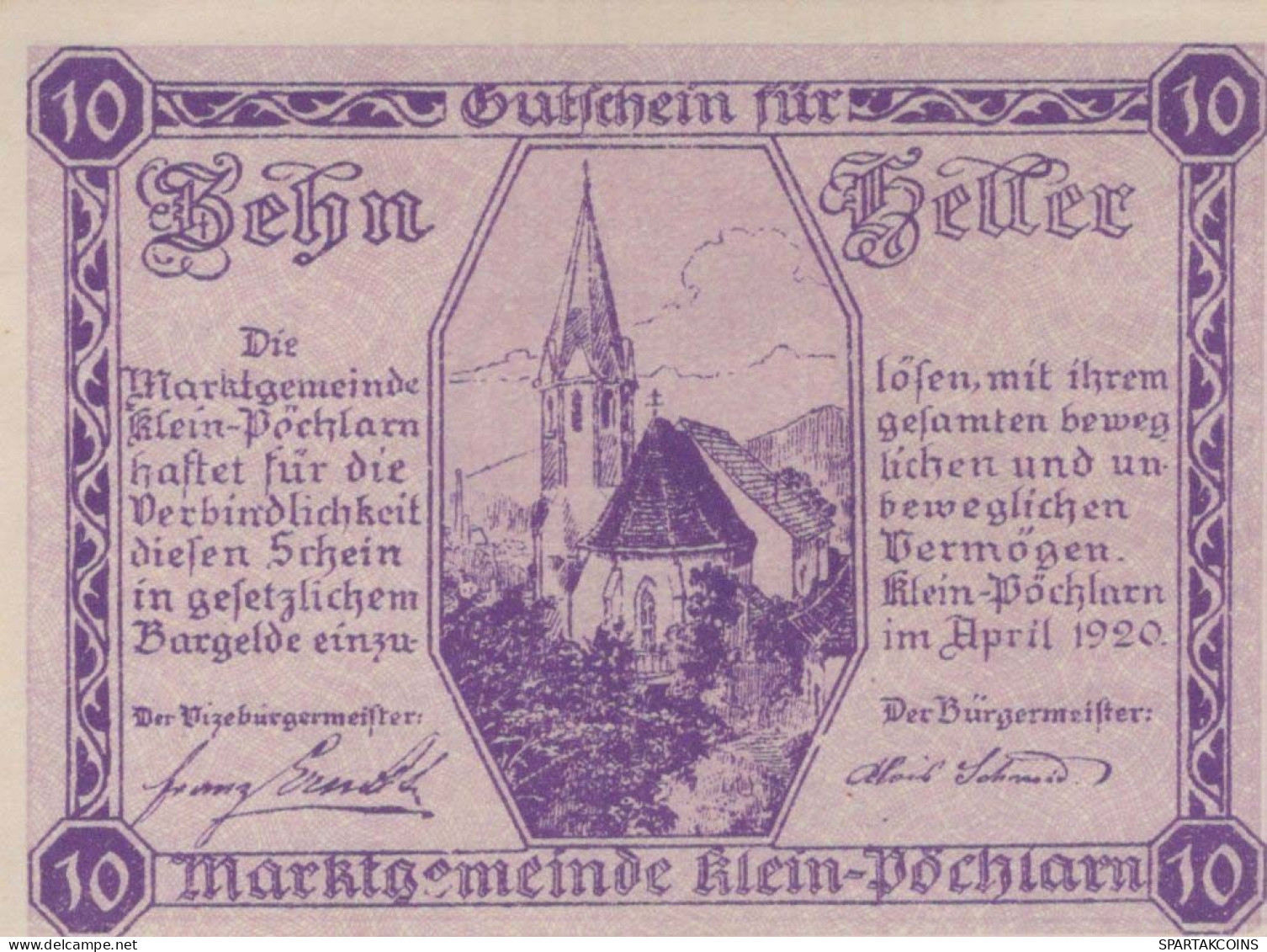 10 HELLER 1920 Stadt KLEIN-PÖCHLARN Niedrigeren Österreich Notgeld Papiergeld Banknote #PG595 - Lokale Ausgaben