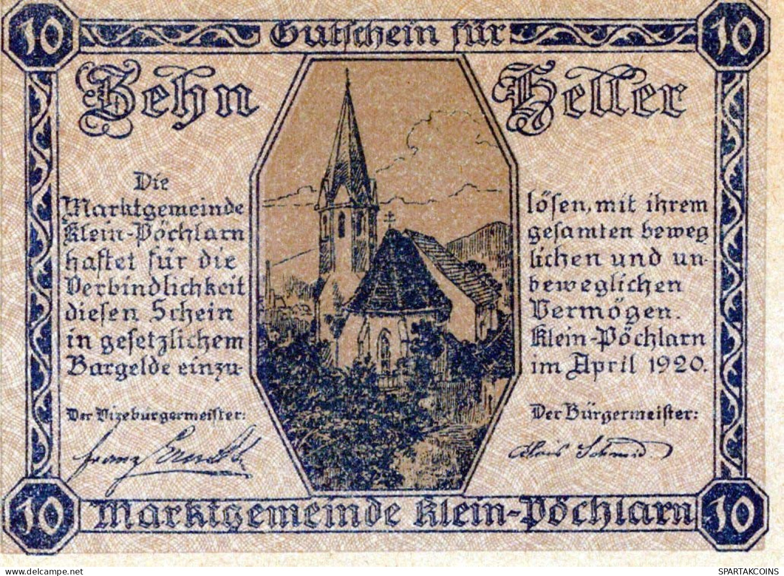 10 HELLER 1920 Stadt KLEIN-PoCHLARN Niedrigeren Österreich Notgeld #PD704 - Lokale Ausgaben