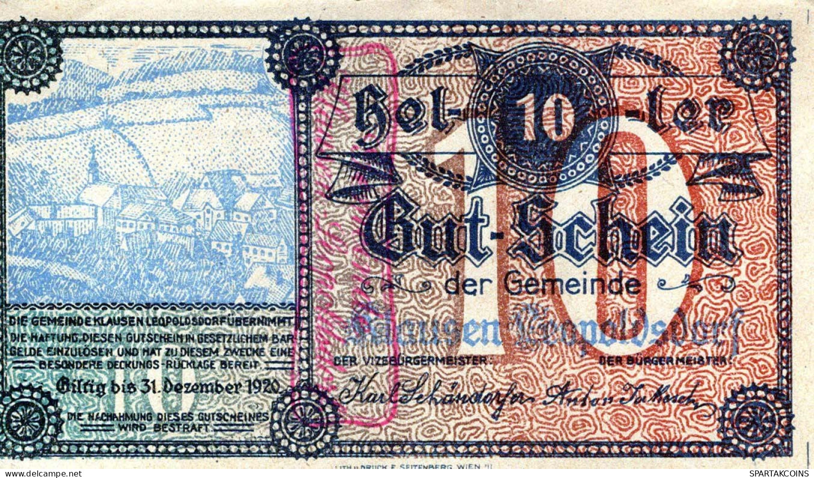 10 HELLER 1920 Stadt KLAUSEN-LEOPOLDSDORF Niedrigeren Österreich Notgeld Papiergeld Banknote #PG910 - Lokale Ausgaben
