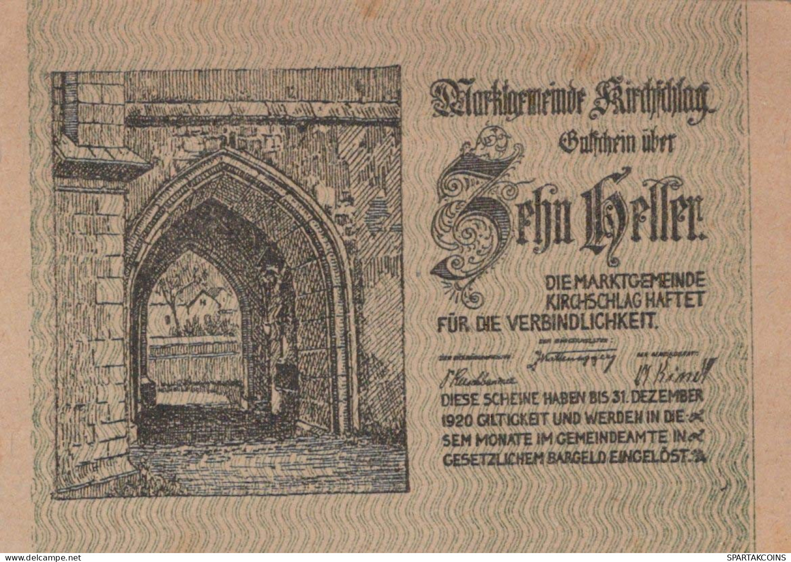 10 HELLER 1920 Stadt KIRCHSCHLAG Niedrigeren Österreich Notgeld #PD729 - Lokale Ausgaben