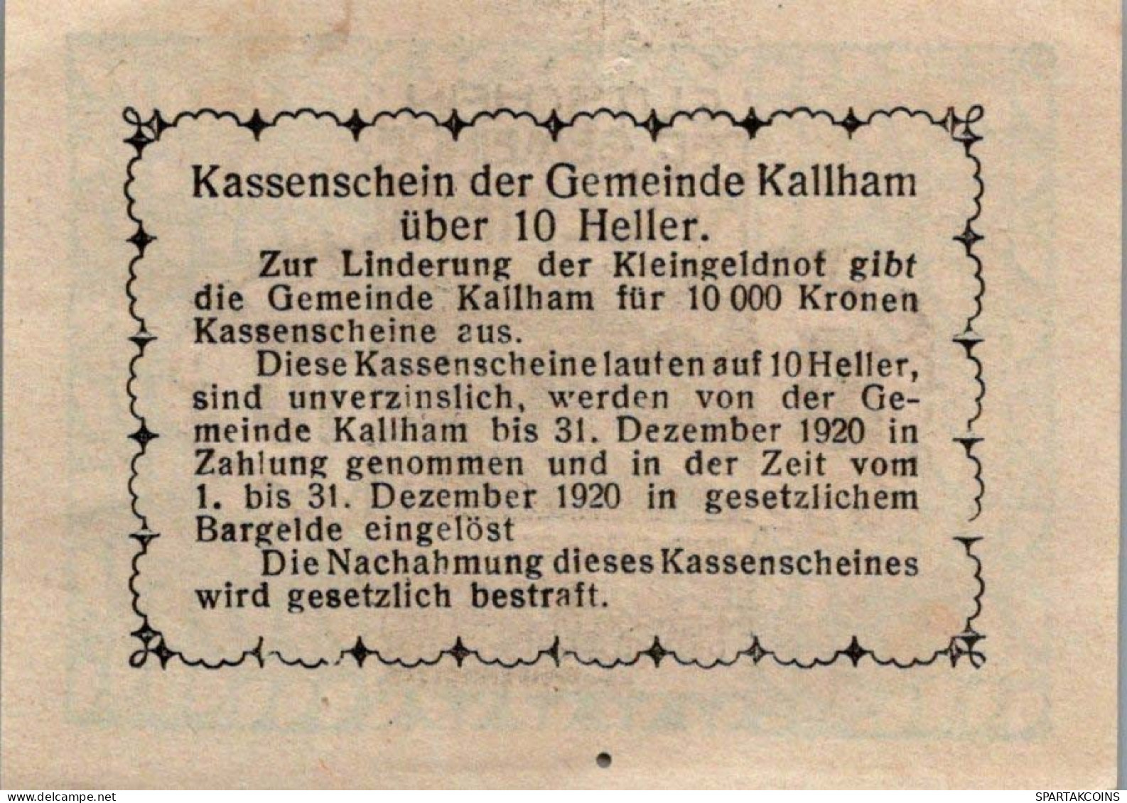 10 HELLER 1920 Stadt KALLHAM Oberösterreich Österreich Notgeld Banknote #PD665 - Lokale Ausgaben