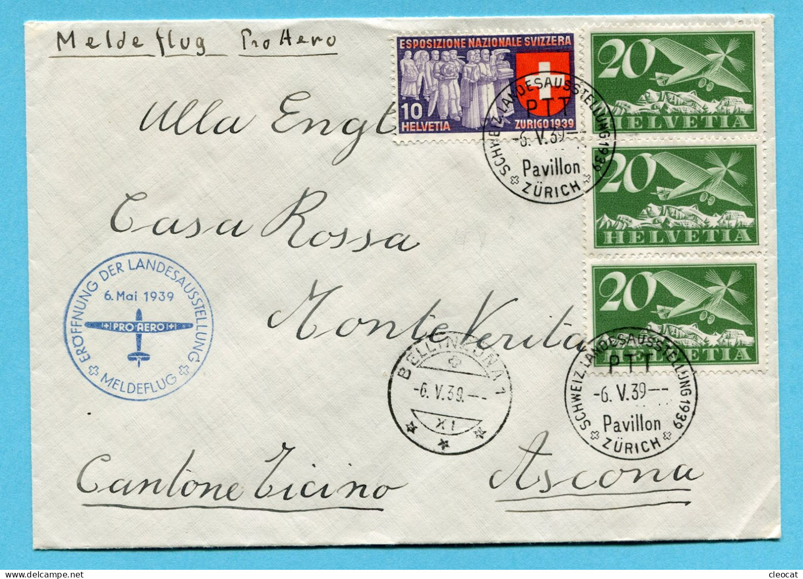 Brief Meldeflug Schweiz. Landesausstellung Zürich 1939 Nach Bellinzona - Eerste Vluchten