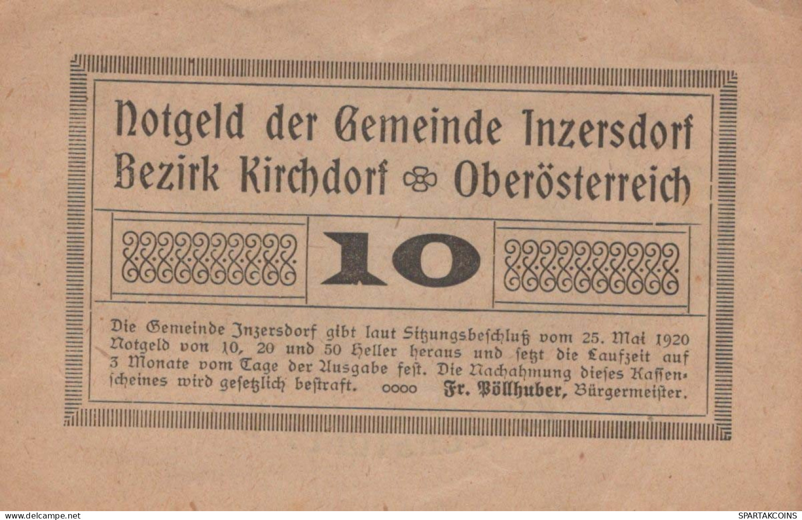 10 HELLER 1920 Stadt INZERSDORF Oberösterreich Österreich Notgeld Papiergeld Banknote #PG882 - [11] Local Banknote Issues