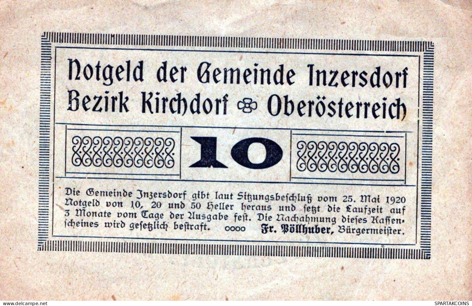 10 HELLER 1920 Stadt INZERSDORF Oberösterreich Österreich Notgeld Papiergeld Banknote #PG882 - [11] Local Banknote Issues