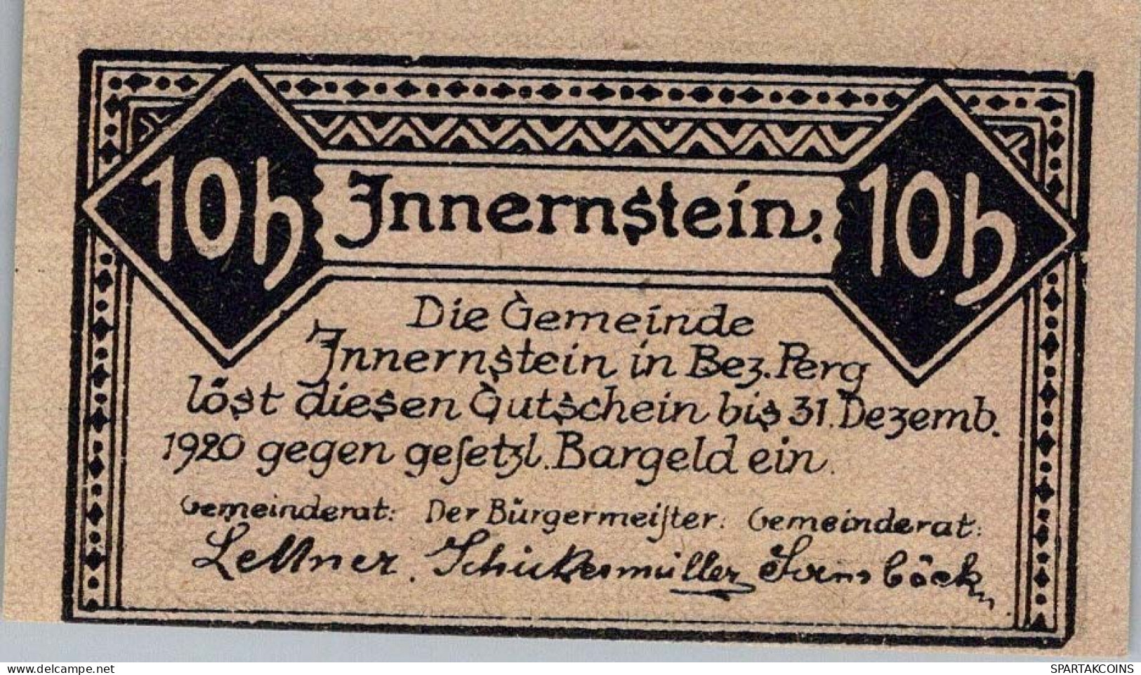 10 HELLER 1920 Stadt INNERNSTEIN Oberösterreich Österreich Notgeld Papiergeld Banknote #PG890 - [11] Local Banknote Issues