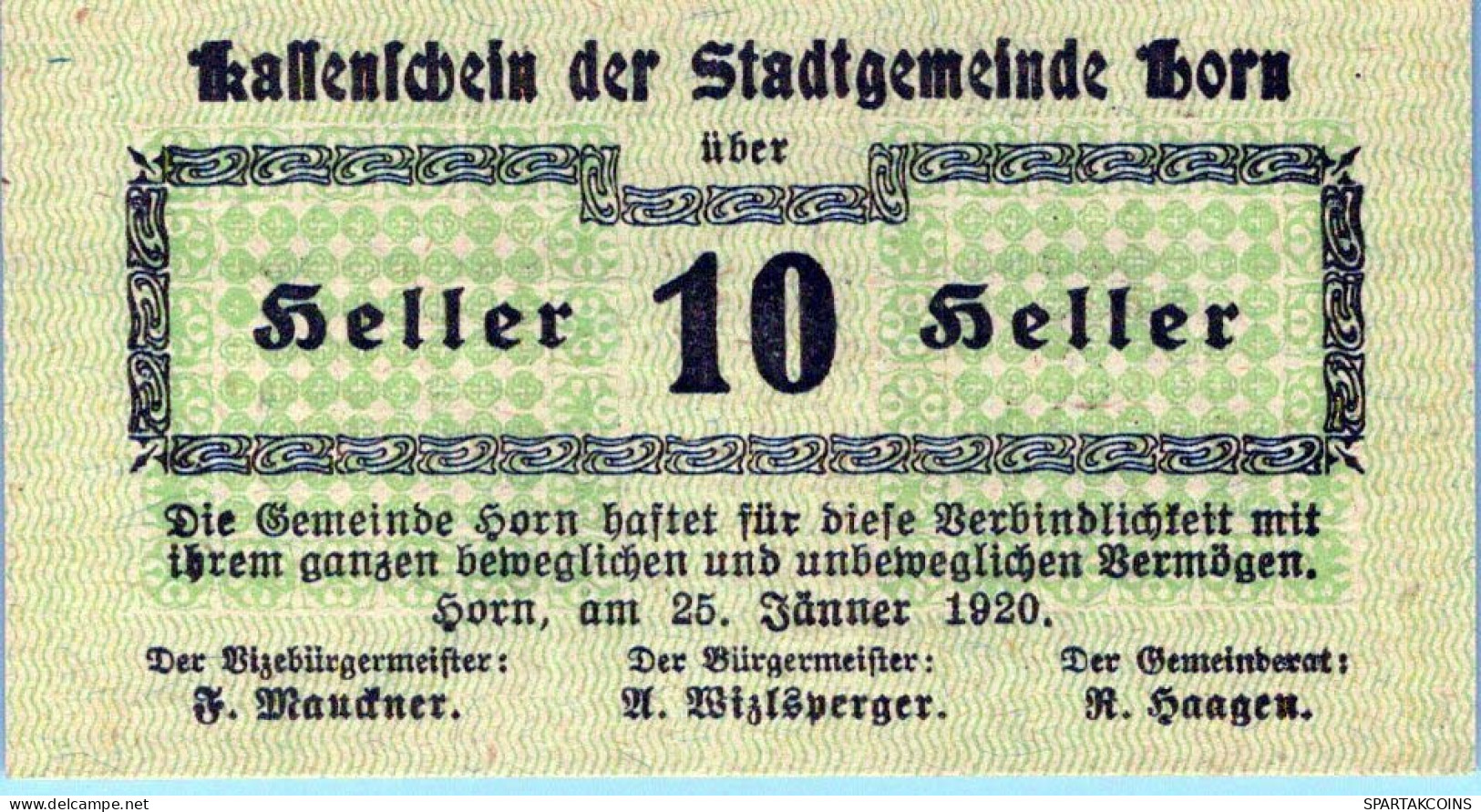 10 HELLER 1920 Stadt HORN Niedrigeren Österreich Notgeld Papiergeld Banknote #PG891 - [11] Local Banknote Issues