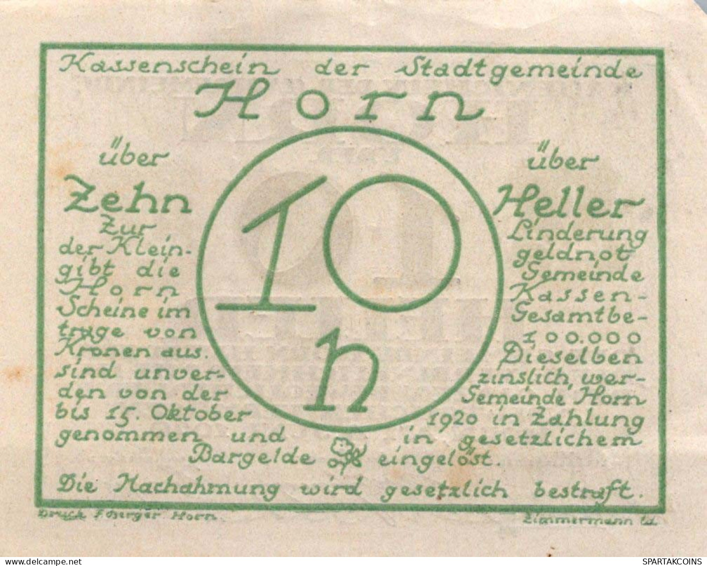 10 HELLER 1920 Stadt HORN Niedrigeren Österreich Notgeld Banknote #PD630 - Lokale Ausgaben