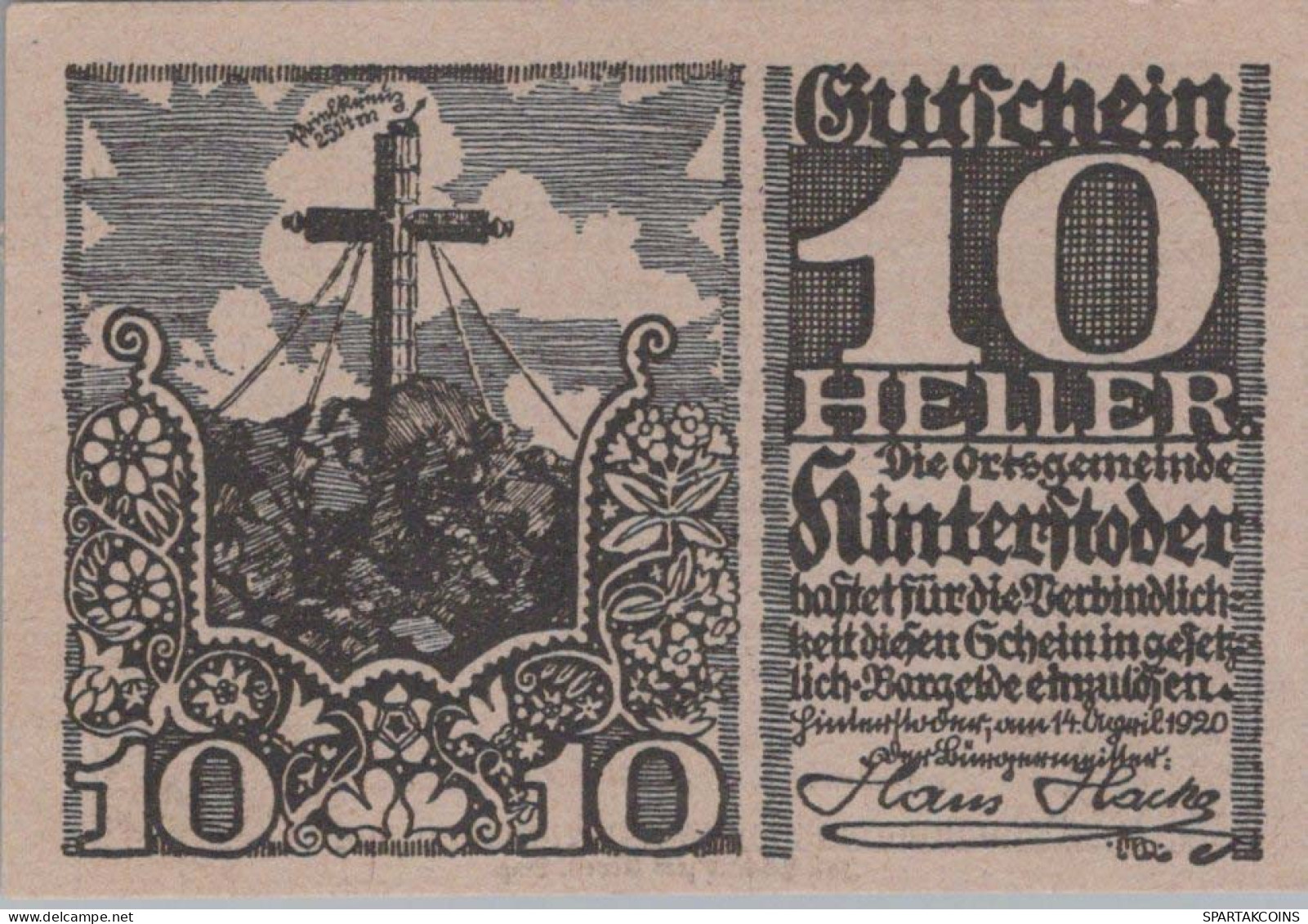 10 HELLER 1920 Stadt HINTERSTODER Oberösterreich Österreich Notgeld Papiergeld Banknote #PG851 - [11] Local Banknote Issues