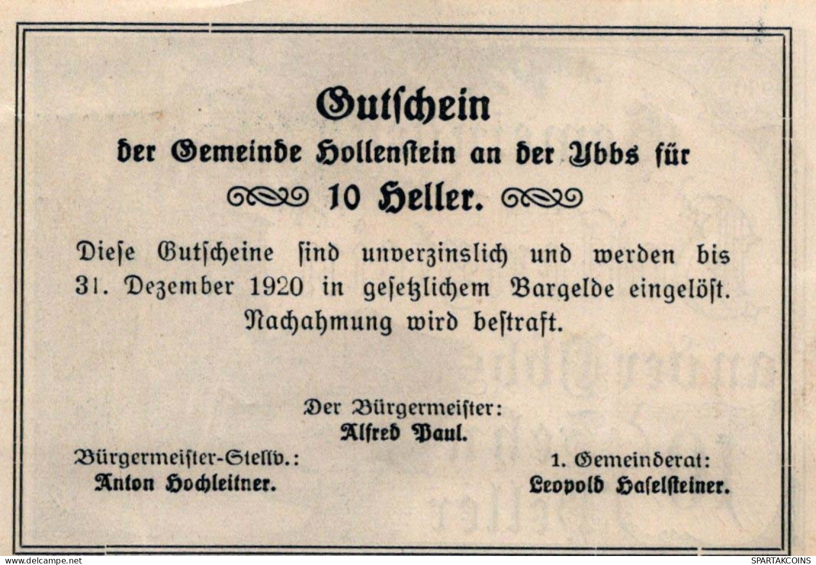 10 HELLER 1920 Stadt HOLLENSTEIN AN DER YBBS Niedrigeren Österreich Notgeld Papiergeld Banknote #PG857 - [11] Local Banknote Issues