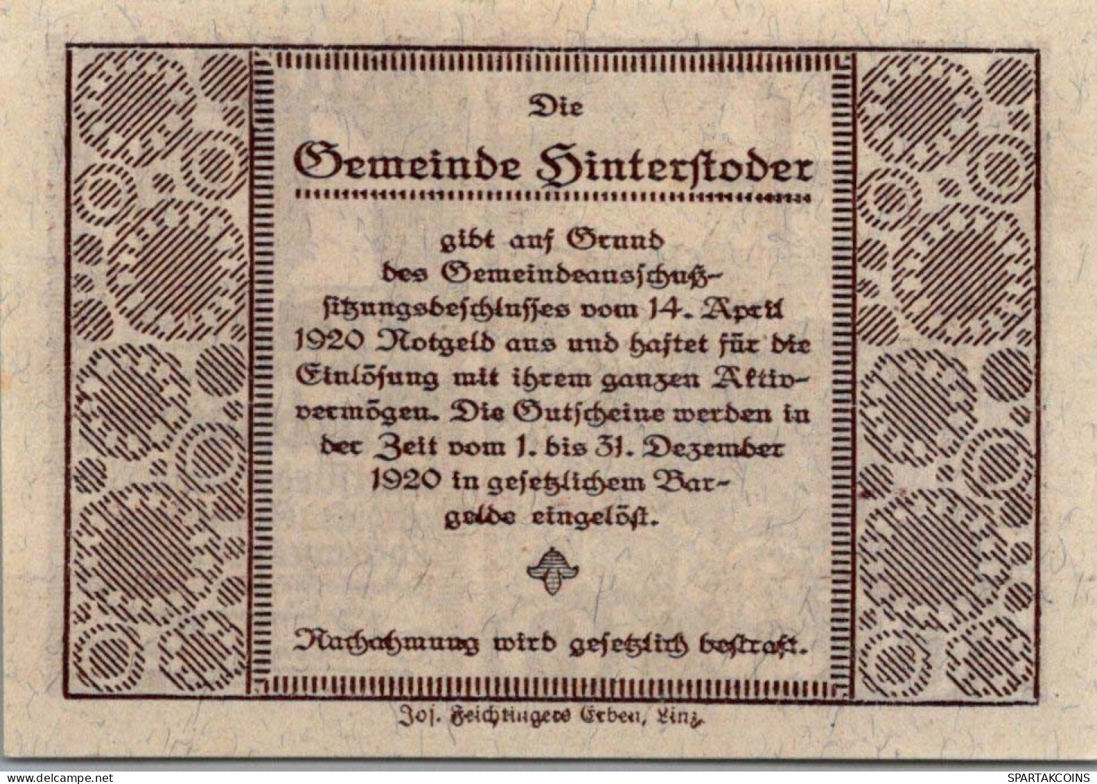 10 HELLER 1920 Stadt HINTERSTODER Oberösterreich Österreich Notgeld #PD604 - Lokale Ausgaben