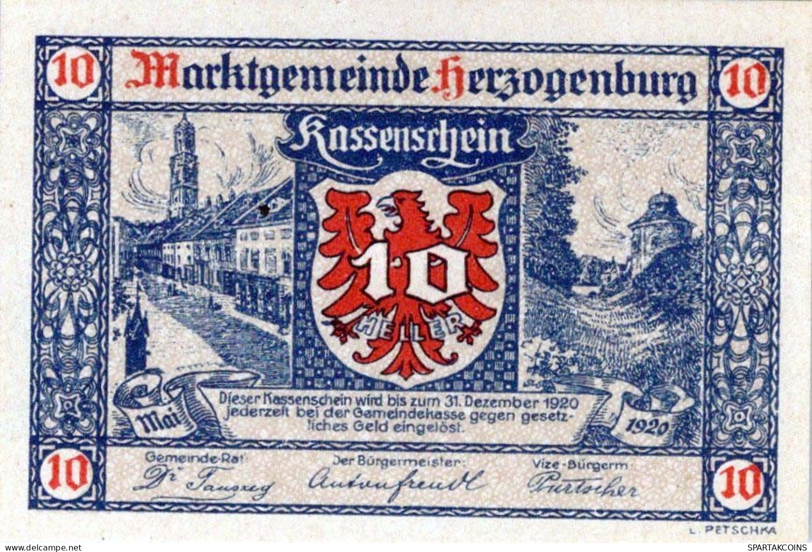 10 HELLER 1920 Stadt HERZOGENBURG Niedrigeren Österreich Notgeld Papiergeld Banknote #PG610 - [11] Lokale Uitgaven