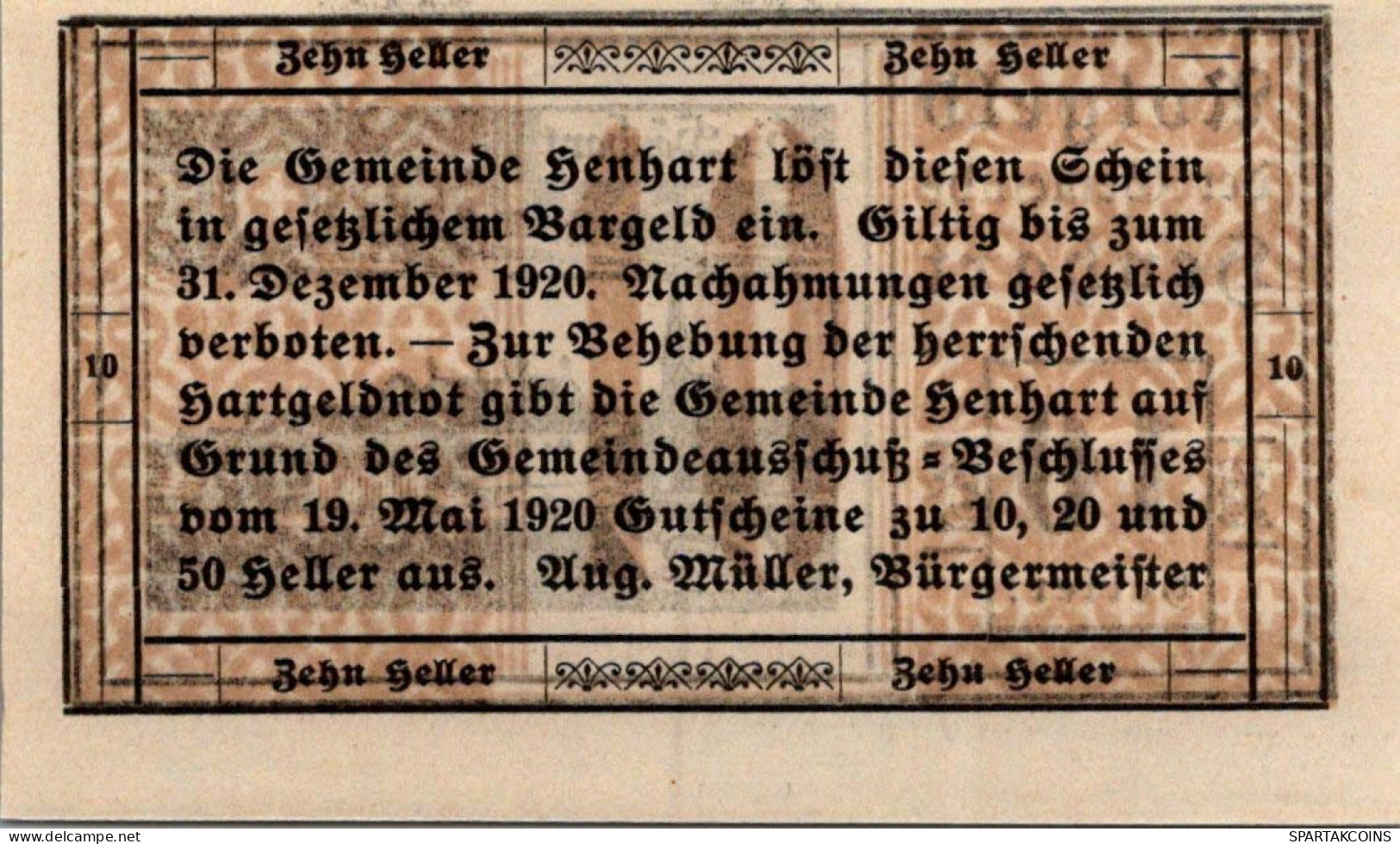 10 HELLER 1920 Stadt HENHART Oberösterreich Österreich Notgeld Papiergeld Banknote #PG584 - [11] Emissioni Locali