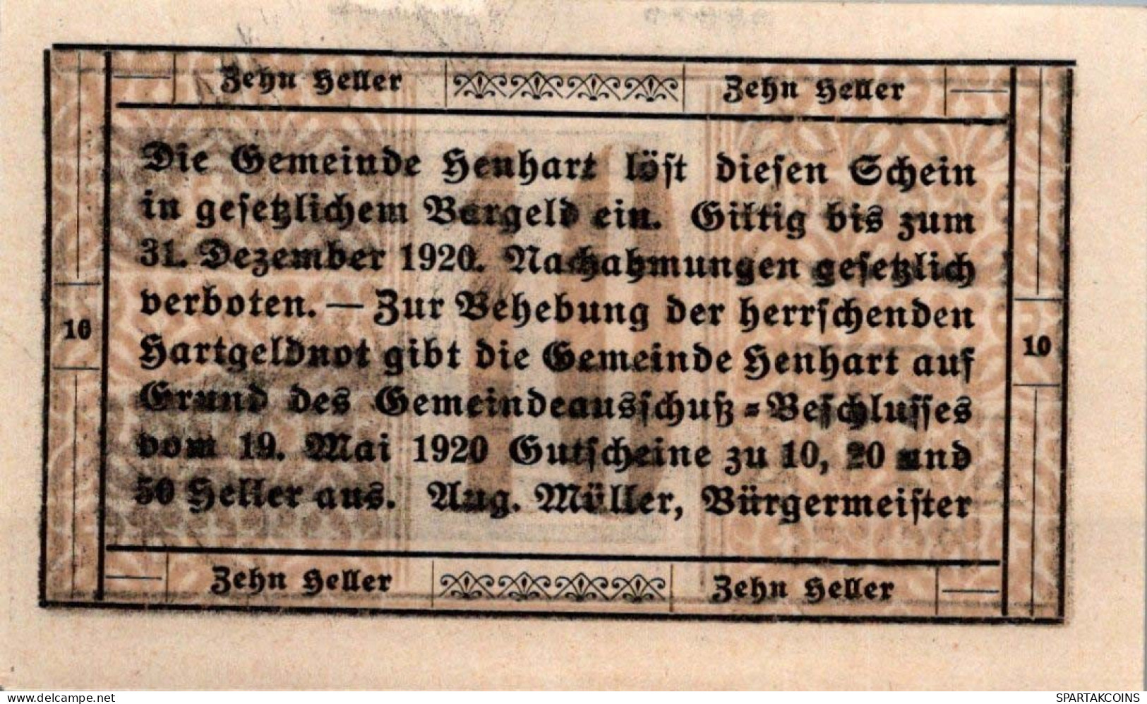 10 HELLER 1920 Stadt HENHART Oberösterreich Österreich Notgeld Papiergeld Banknote #PG885 - [11] Local Banknote Issues