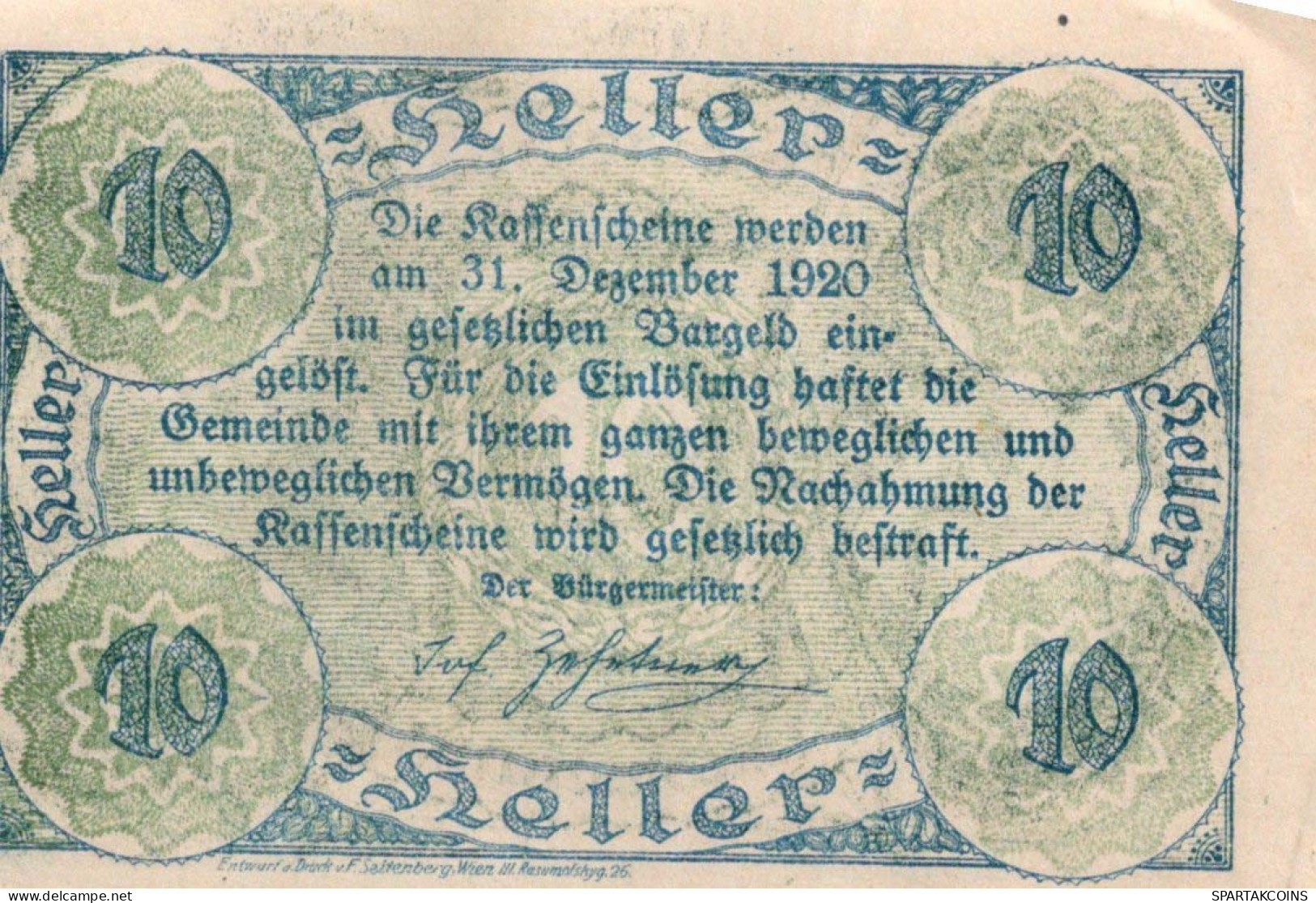 10 HELLER 1920 Stadt HAUSMENING Niedrigeren Österreich Notgeld Papiergeld Banknote #PG842 - [11] Lokale Uitgaven