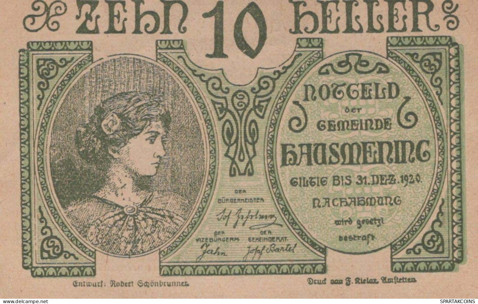 10 HELLER 1920 Stadt HAUSMENING Niedrigeren Österreich Notgeld Papiergeld Banknote #PG860 - Lokale Ausgaben