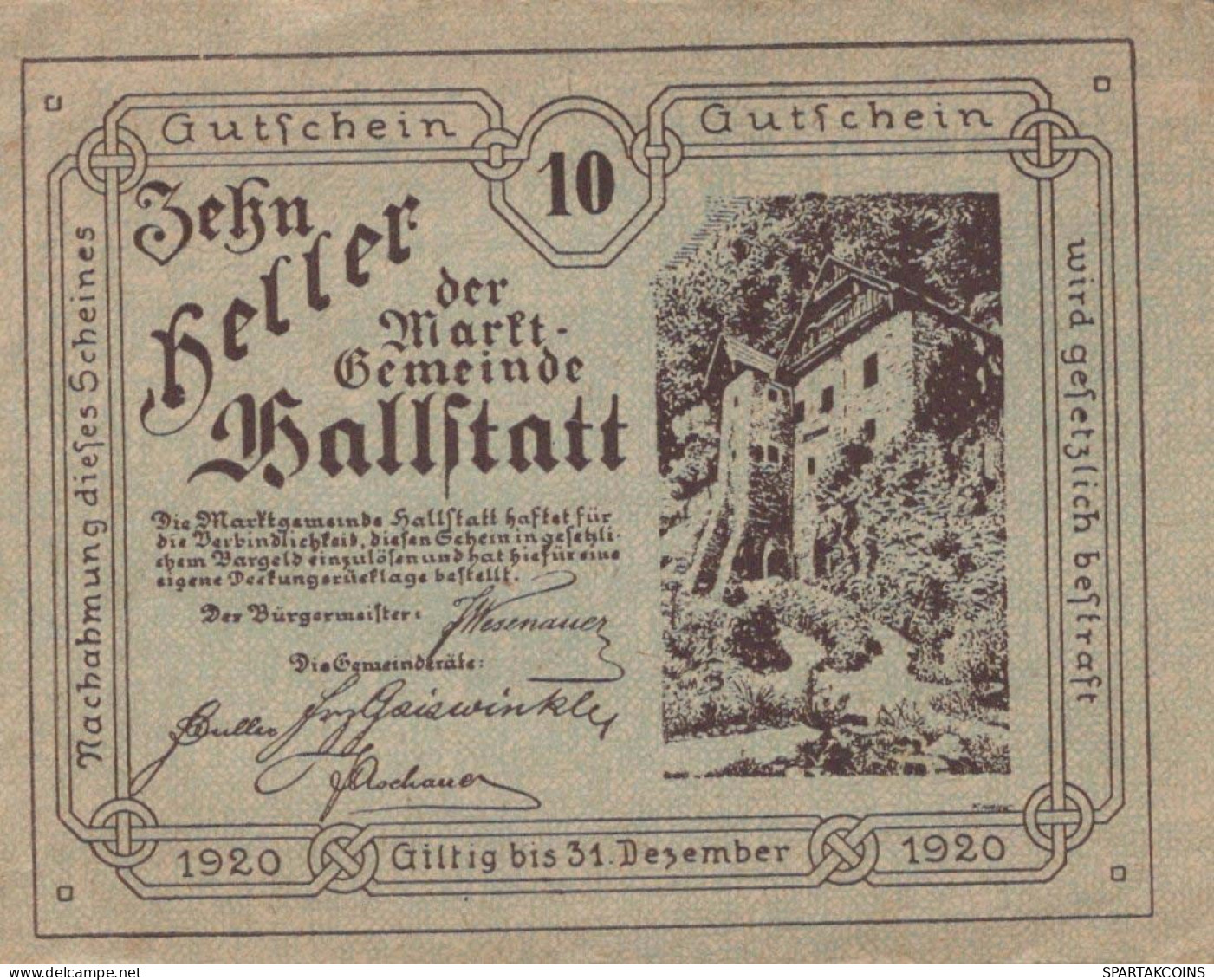 10 HELLER 1920 Stadt HALLSTATT Oberösterreich Österreich Notgeld Banknote #PD580 - [11] Lokale Uitgaven