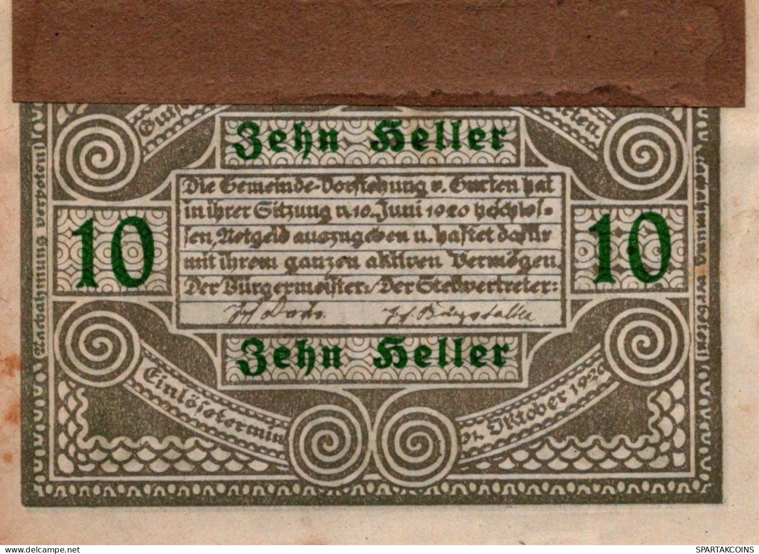 10 HELLER 1920 Stadt GURTEN Oberösterreich Österreich Notgeld Banknote #PI308 - [11] Local Banknote Issues