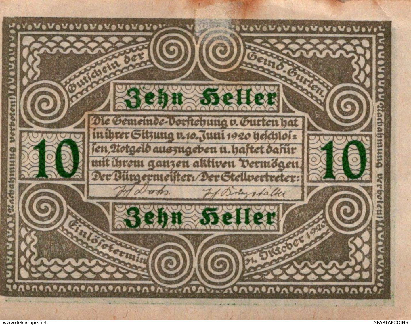 10 HELLER 1920 Stadt GURTEN Oberösterreich Österreich Notgeld Banknote #PI333 - [11] Emissioni Locali