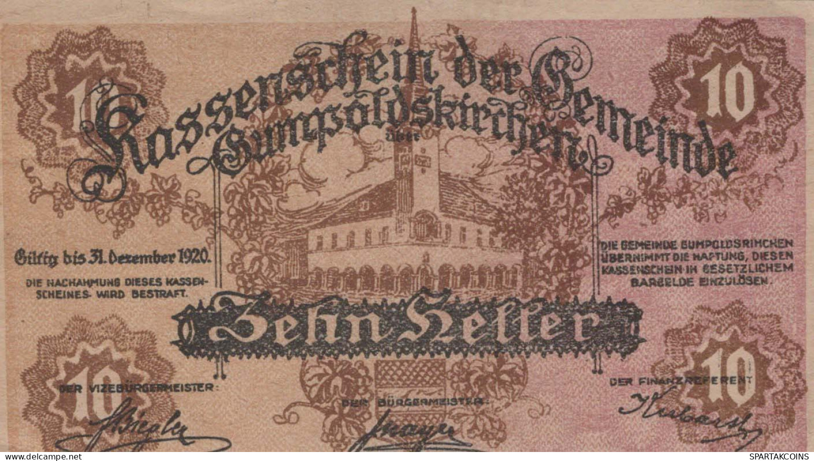 10 HELLER 1920 Stadt GUMPOLDSKIRCHEN Niedrigeren Österreich Notgeld #PE930 - [11] Local Banknote Issues