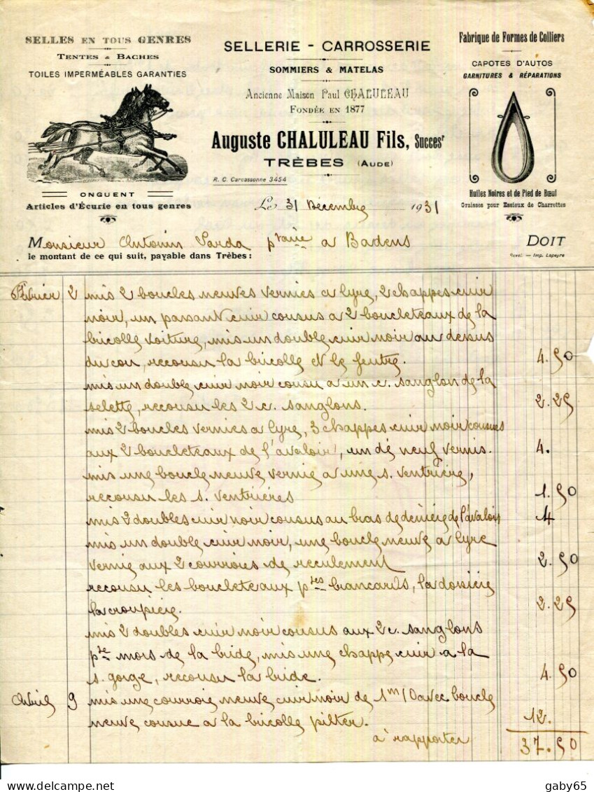 FACTURE.11.AUDE.TRÈBES.SELLERIE.CARROSSERIE.AUGUSTE CHALULEAU FILS. - Ambachten