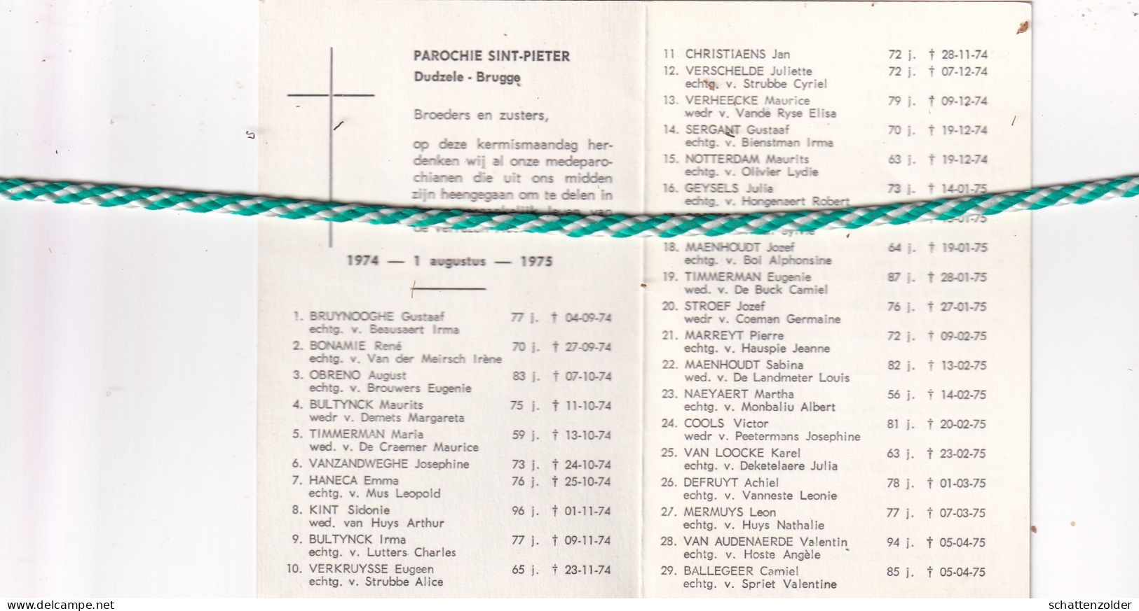 Overleden Parochianen Parochie Sint-Pieter, Dudzele-Brugge, 1974-75 - Décès