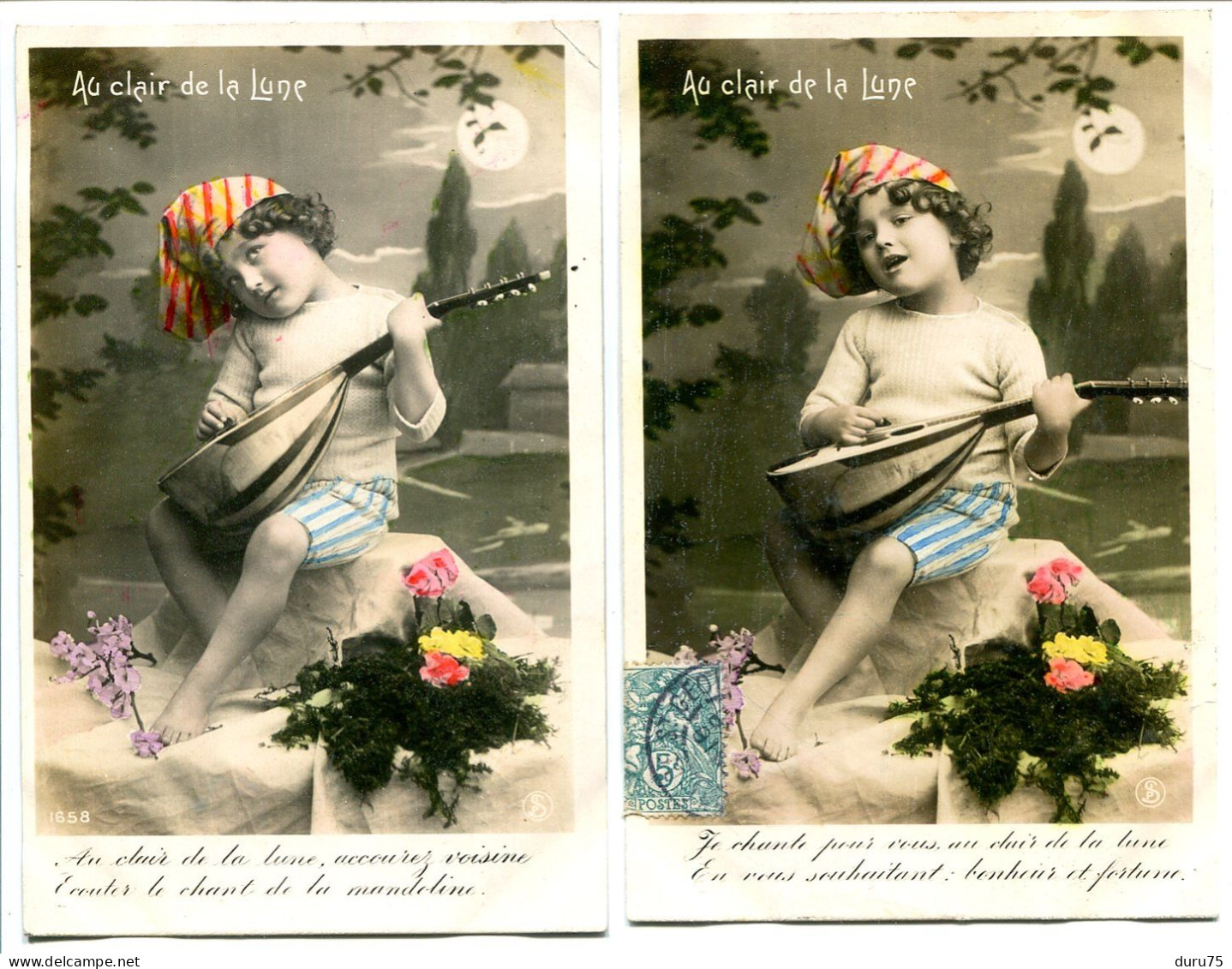 Suite De 2 CPA Fantaisies Voyagé 1907 * Glacées Brillantes AU CLAIR DE LA LUNE Enfant à La Mandoline Et Bonnet De Nuit - Taferelen En Landschappen