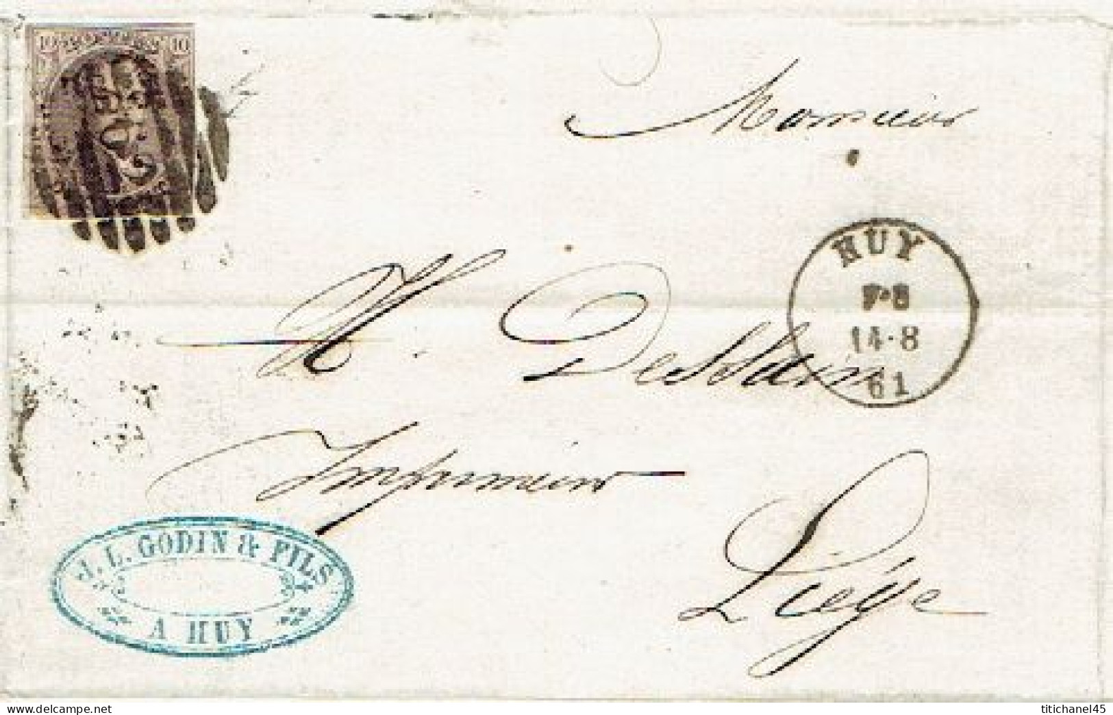 N°10 Margé  Sur LAC Belle Obl.8 Barres P62 HUY (08.1861)+cachet Privé + Entête J.L.GODIN & FILS Fabricants Papiers à HUY - 1858-1862 Medaglioni (9/12)