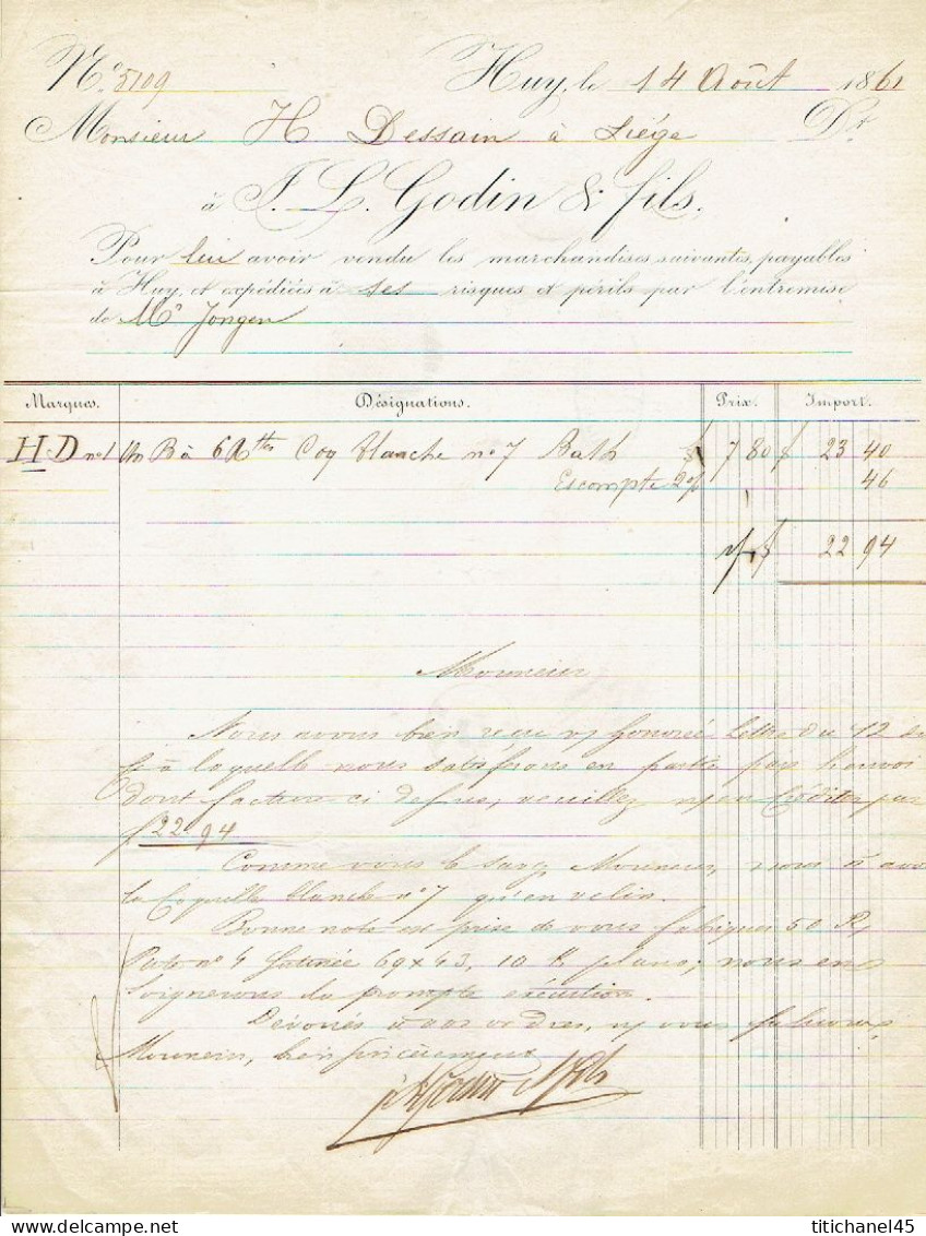 N°10 Margé  Sur LAC Belle Obl.8 Barres P62 HUY (08.1861)+cachet Privé + Entête J.L.GODIN & FILS Fabricants Papiers à HUY - 1858-1862 Medallions (9/12)