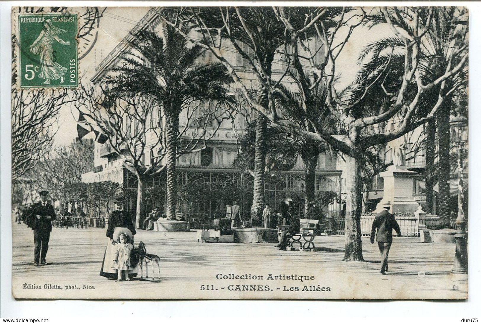 CPA Voyagé 1909 * CANNES Les Allées ( Animée Femme Enfant Chien ) Collection Artistique Edition Giletta - Cannes