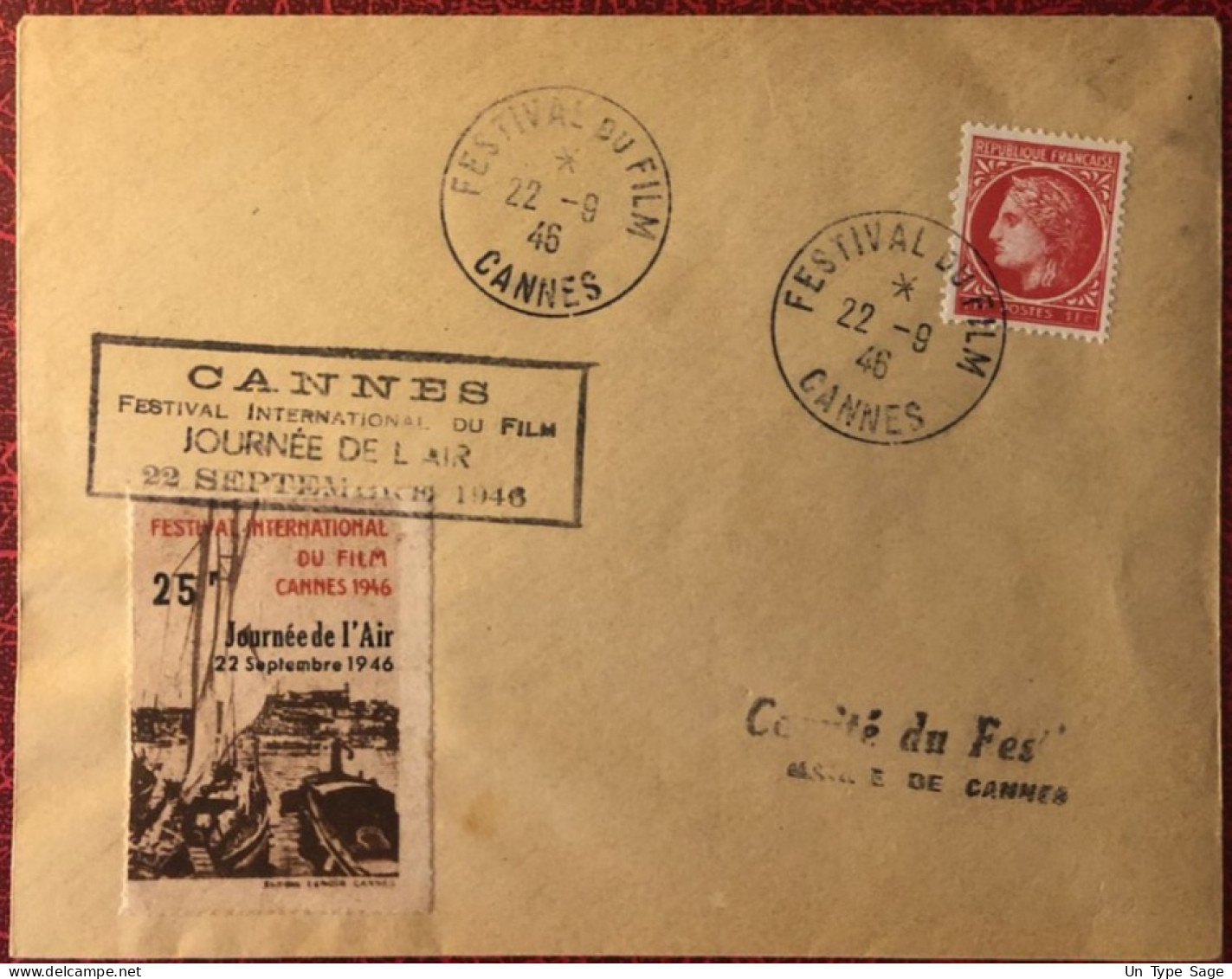 France, 1er FESTIVAL DE CANNES 1946 - TAD FESTIVAL DU FILM Sur Enveloppe + Vignette Journée De L'air - (C1035) - 1921-1960: Moderne