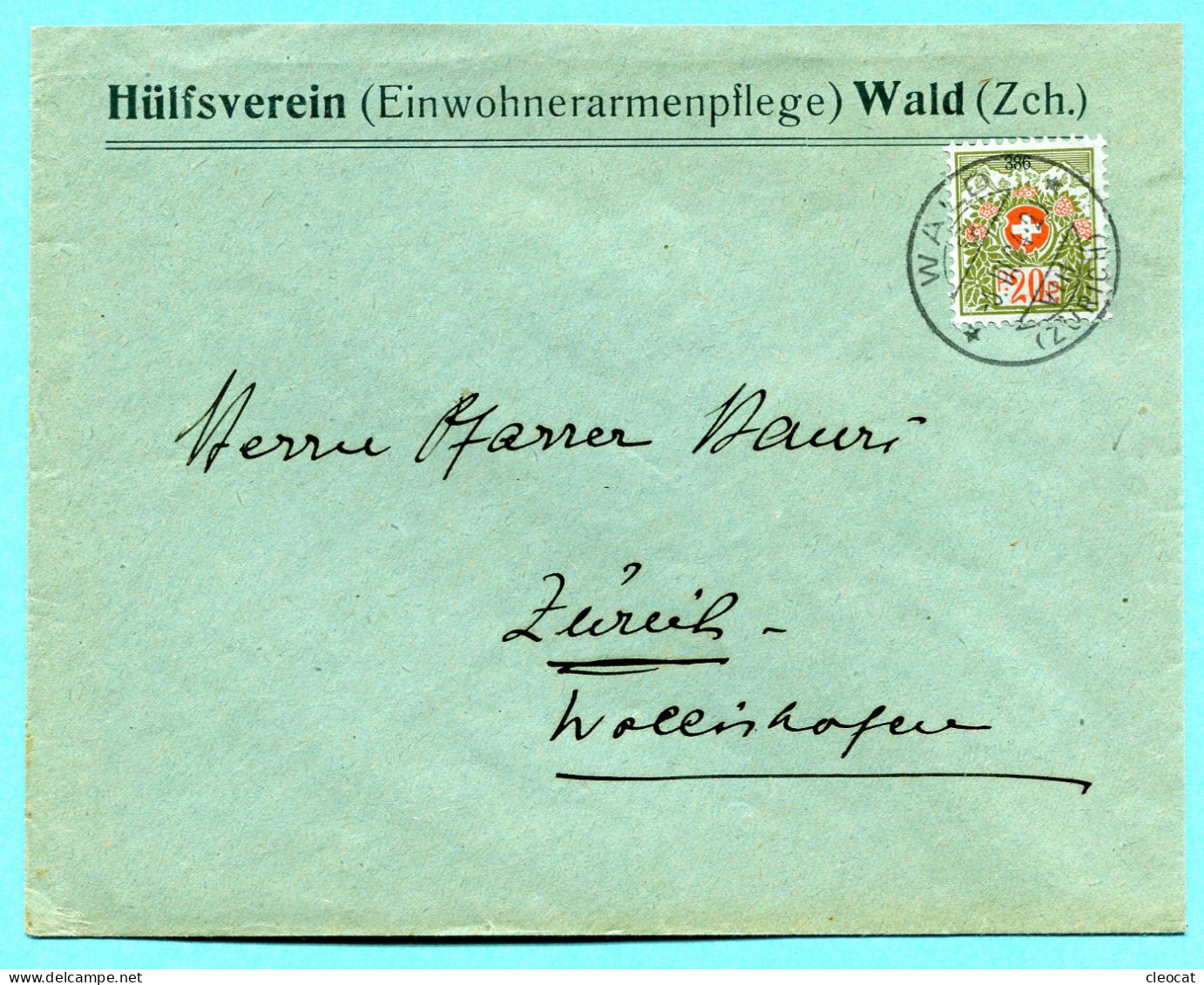 Brief Wald 1924 - Portofreiheit Nr. 386 - Absender: Hülfsverein (Einwohnerarmenpflege) Wald - Franchigia