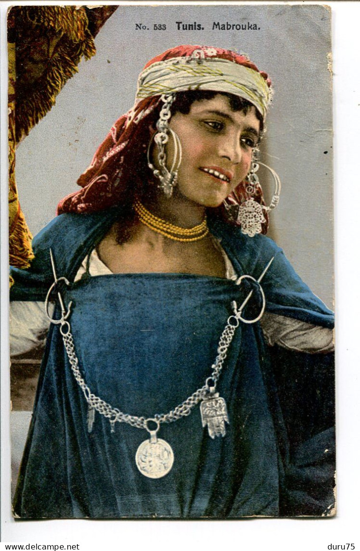 TUNISIE * CPA Couleur Voyagé 1909 * TUNIS MABROUKA ( Jolie Femme Aux Bijoux ) - Tunesien