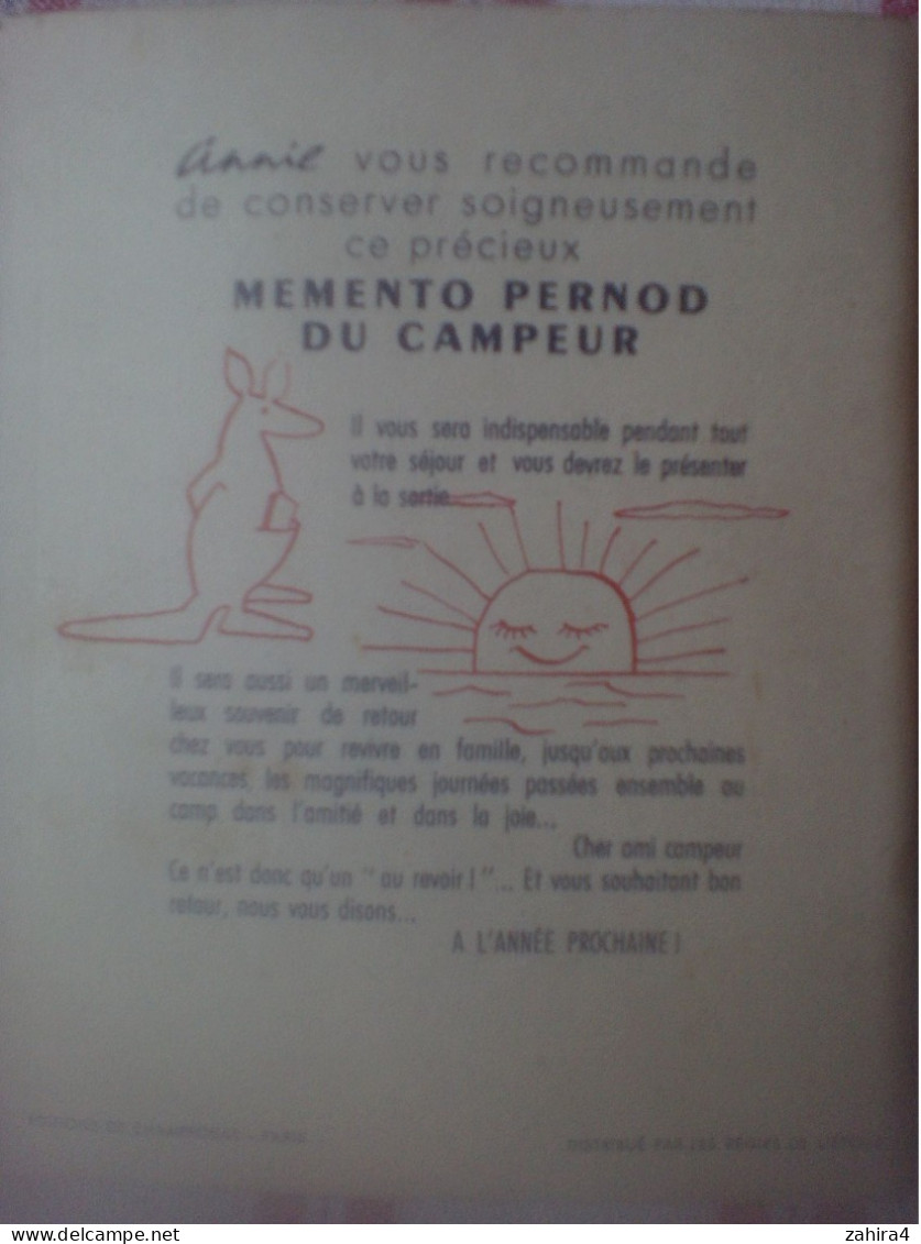 Publicité - Alcool - Camping - Mémento Pernod Du Campeur Cachet Camping Bel Azur Av Des Mimosas Cros De Cagnes Alpes-Mar - Zonder Classificatie