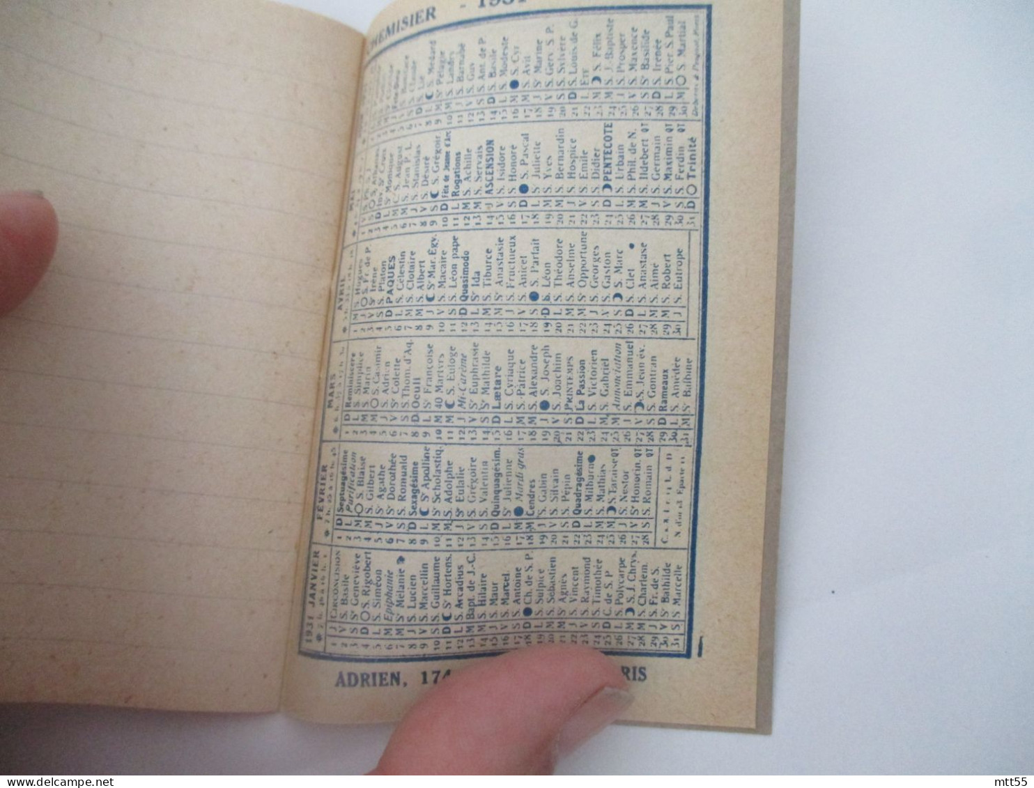 CALENDRIER PETIT ALMANACH  ADRIEN RUE RIVOLI  CHEMISIER CHAPELIER - Sonstige & Ohne Zuordnung