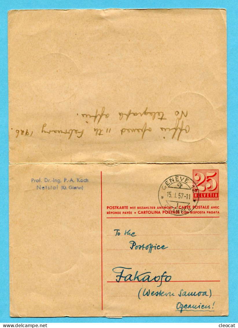 Doppel - Antwort - Postkarte 1957 Von Genf Nach Fakaofo - Retour über Netstal Und Krefeld Nach Ulm - Interi Postali