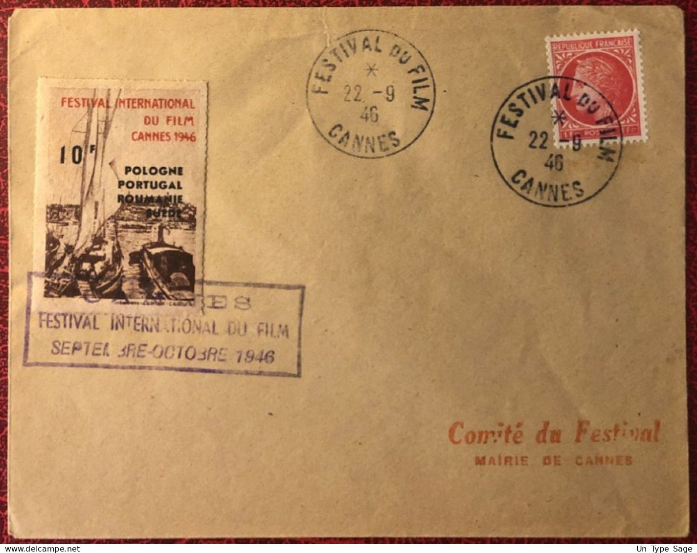 France, 1er FESTIVAL DE CANNES 1946 - TAD FESTIVAL DU FILM Sur Enveloppe + Vignette Journée De L'air - (C1040) - 1921-1960: Période Moderne