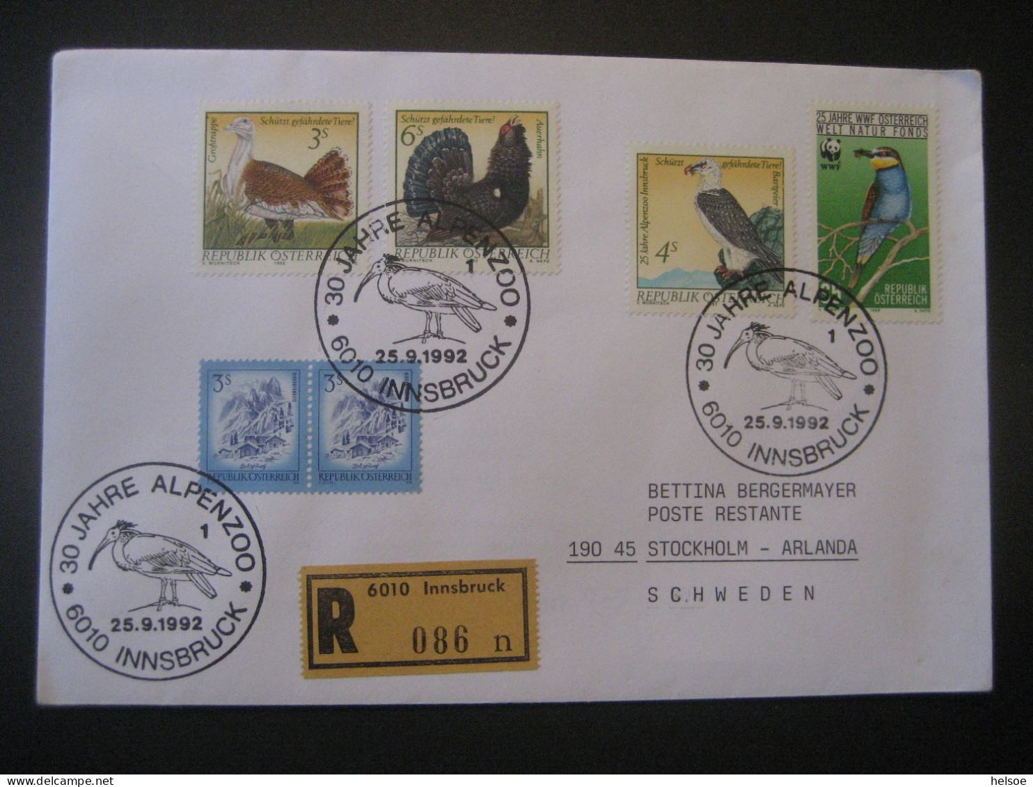 Österreich- Rekobeleg Mit Waagrechtem Paar Der Bogenmarke MiNr. 1596, Gelaufen 1992 Innsbruck - Stockholm Arlanda - Covers & Documents