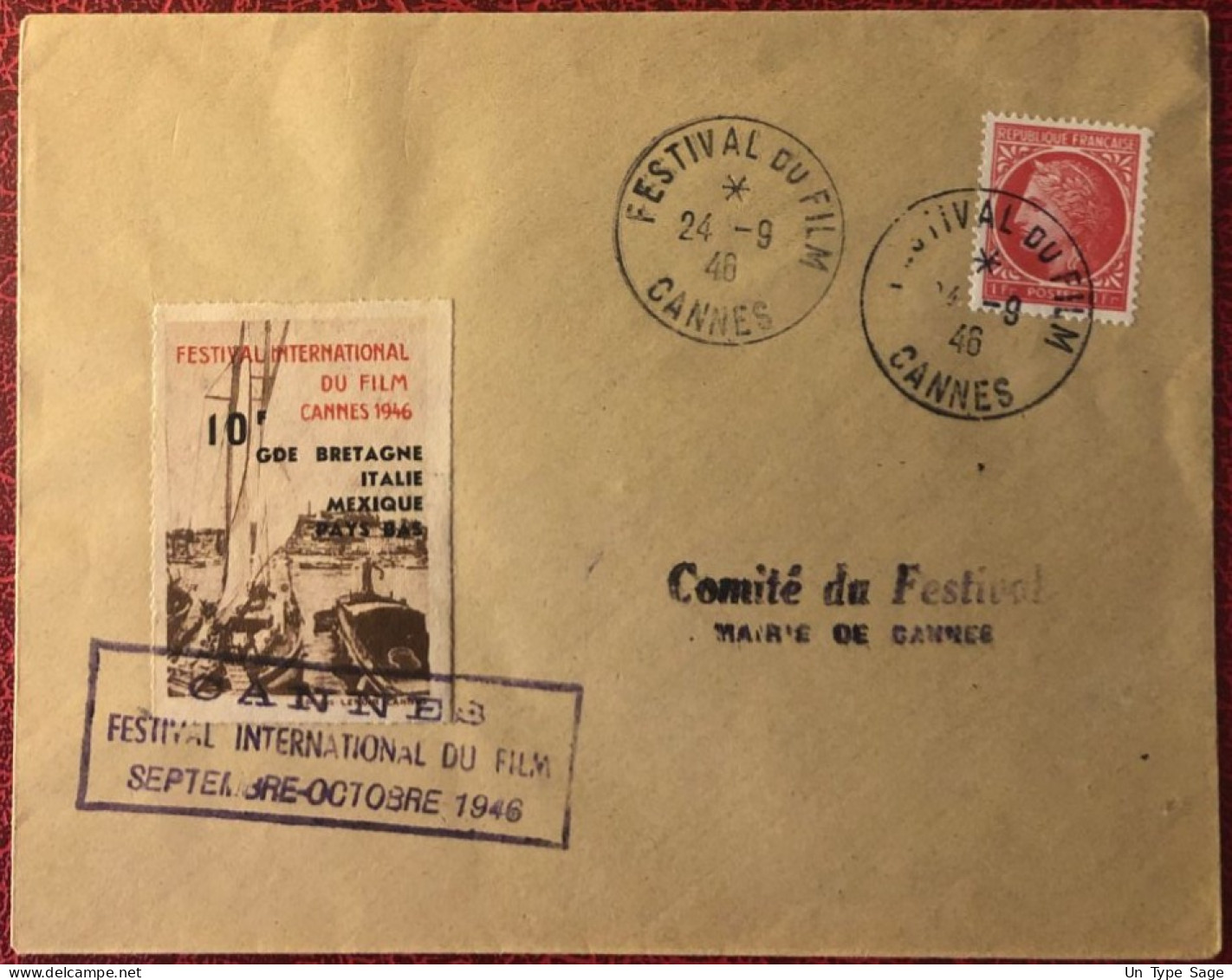 France, 1er FESTIVAL DE CANNES 1946 - TAD FESTIVAL DU FILM Sur Enveloppe + Vignette Journée De L'air - (C1041) - 1921-1960: Periodo Moderno
