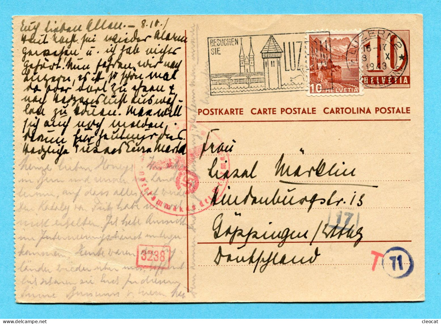 Postkarte Zensuriert Von Luzern Nach Göppingen 1943 - Postwaardestukken