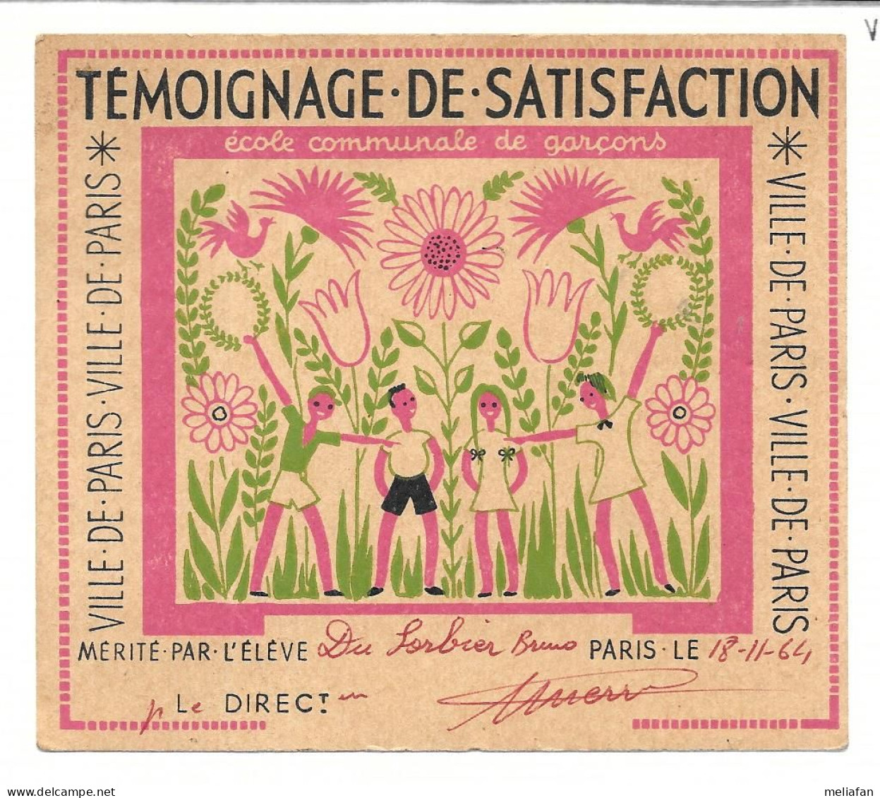 KB997 - TEMOIGNAGE DE SATISFACTION DE LA VILLE DE PARIS - ENFANTS ET FLEURS - Diplome Und Schulzeugnisse