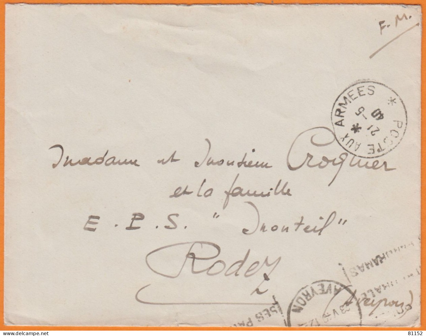 F.M.  Militaria  Sur Lettre Avec Cachet POSTE AUX ARMEES  1940  Pour RODEZ Aveyron - Guerre De 1939-45