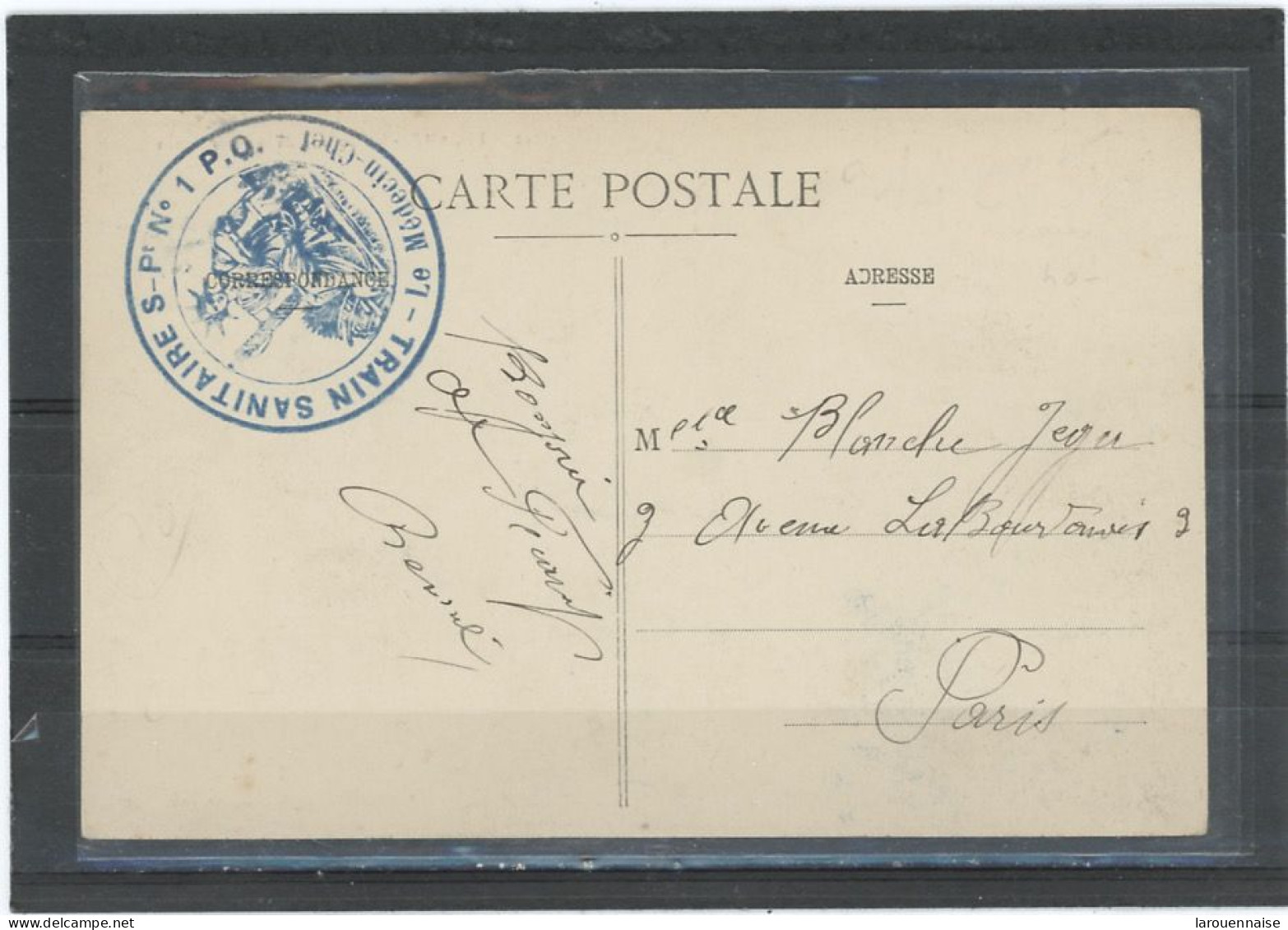 CACHET MILITAIRE -76 FECAMP -C P DOUBLE CERCLE ,BLEU,39mm- FRAPPE SUP-TRAIN SANITAIRE S-Pt N°1 P.O./ -LE MEDECIN -CHEF- - Guerra Del 1914-18