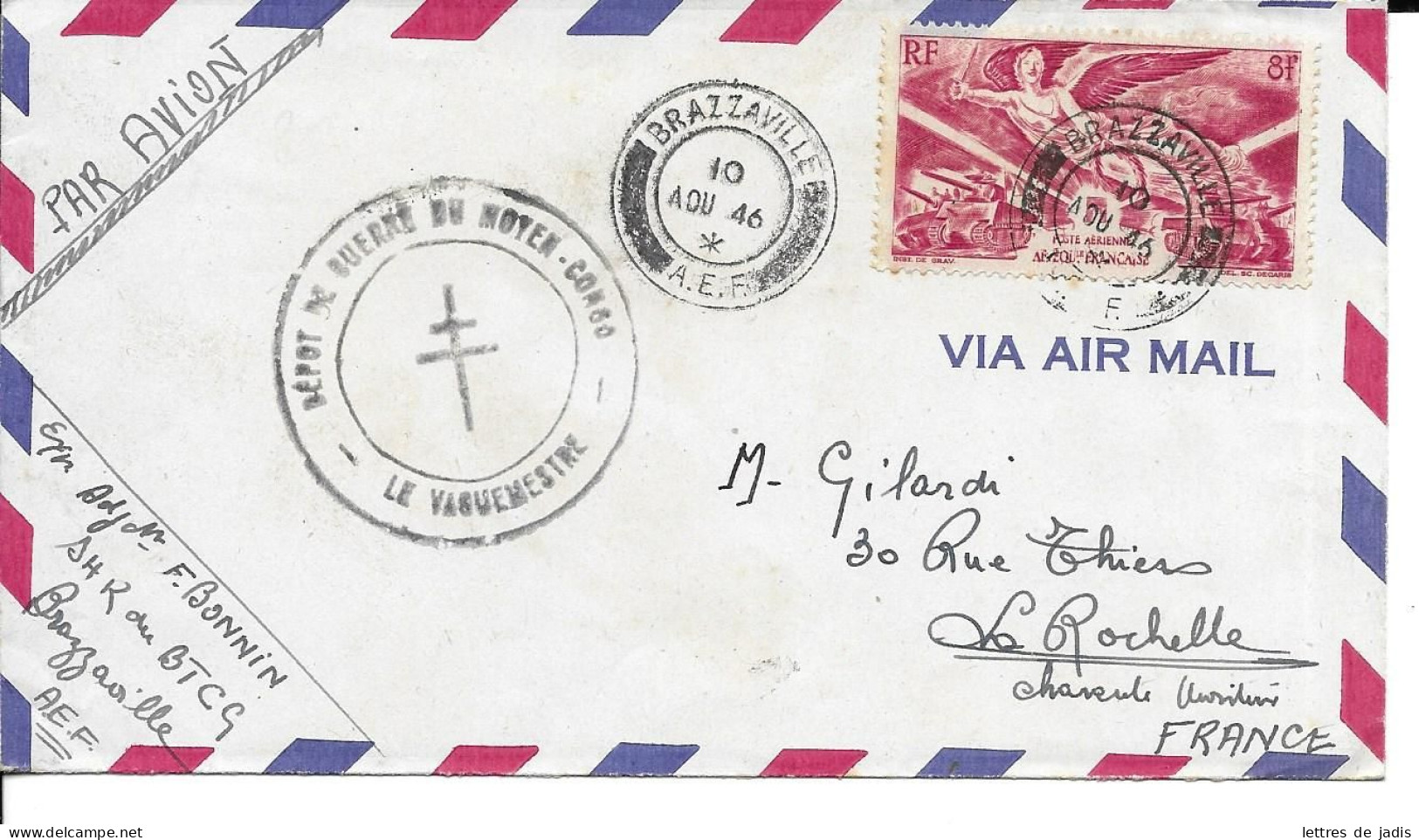 Env Cad BRAZZAVILLE 10 Aout 1946 Cachet DEPOT DE GUERRE DU MOYEN CONGO Pour La Rochelle TB - Cartas & Documentos