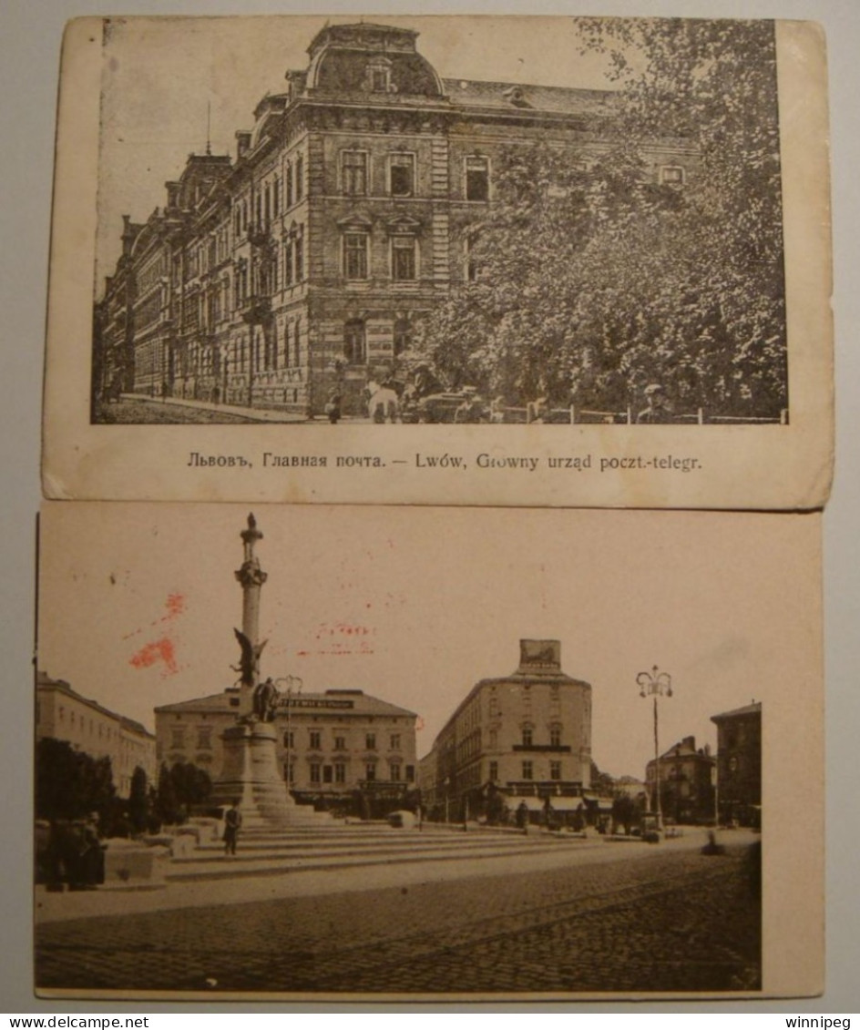 Lwow.Lemberg.8 Pc's.WWI.Poczta,Plac Marjacki,Katedra Sw.Jura,Gmach Sejmowy.Militar Zensur.Poland.Ukraine - Ukraine