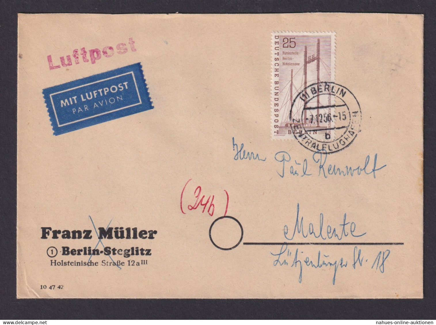 Berlin Brief Luftpost Düsseldorf Zentralflughafen Malente - Briefe U. Dokumente