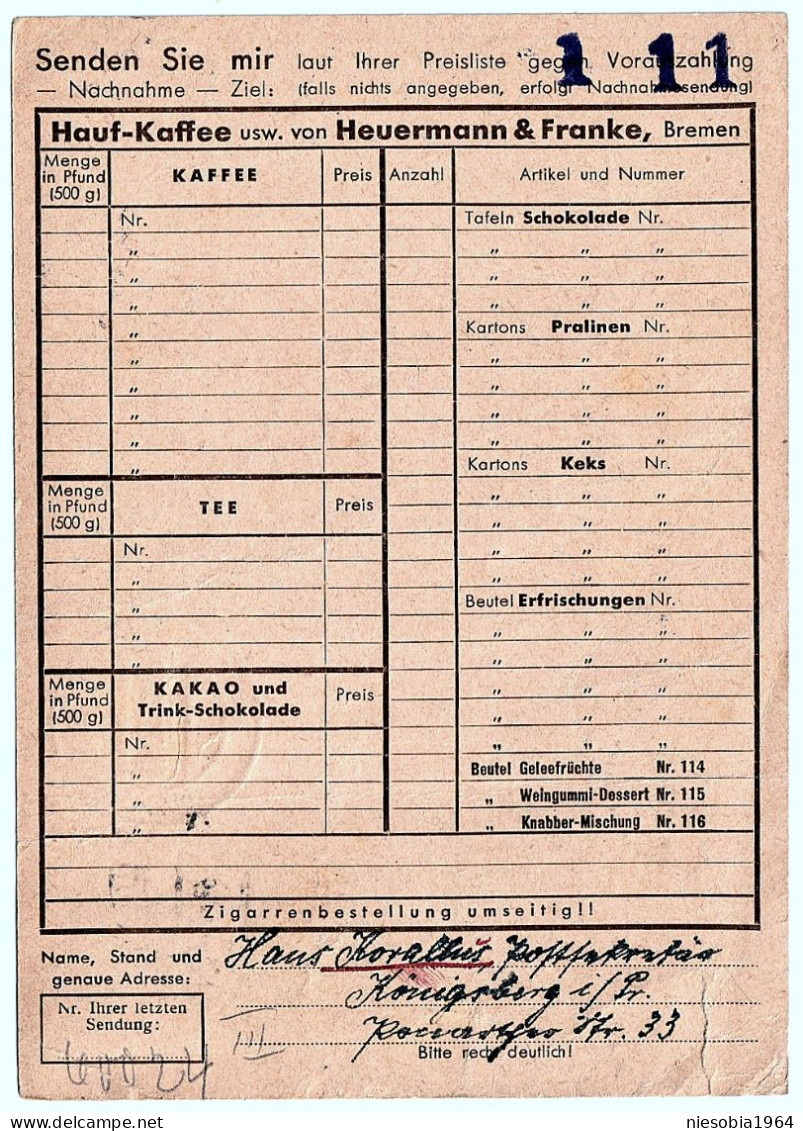 H.Schmidt & Co.Cigar Factory, Heurenmann & Franke Hauf-Kaffe BREMEN Seal Königsberg 1937 Gebt Unsern Kriegsopfern Arbeit - Briefkaarten