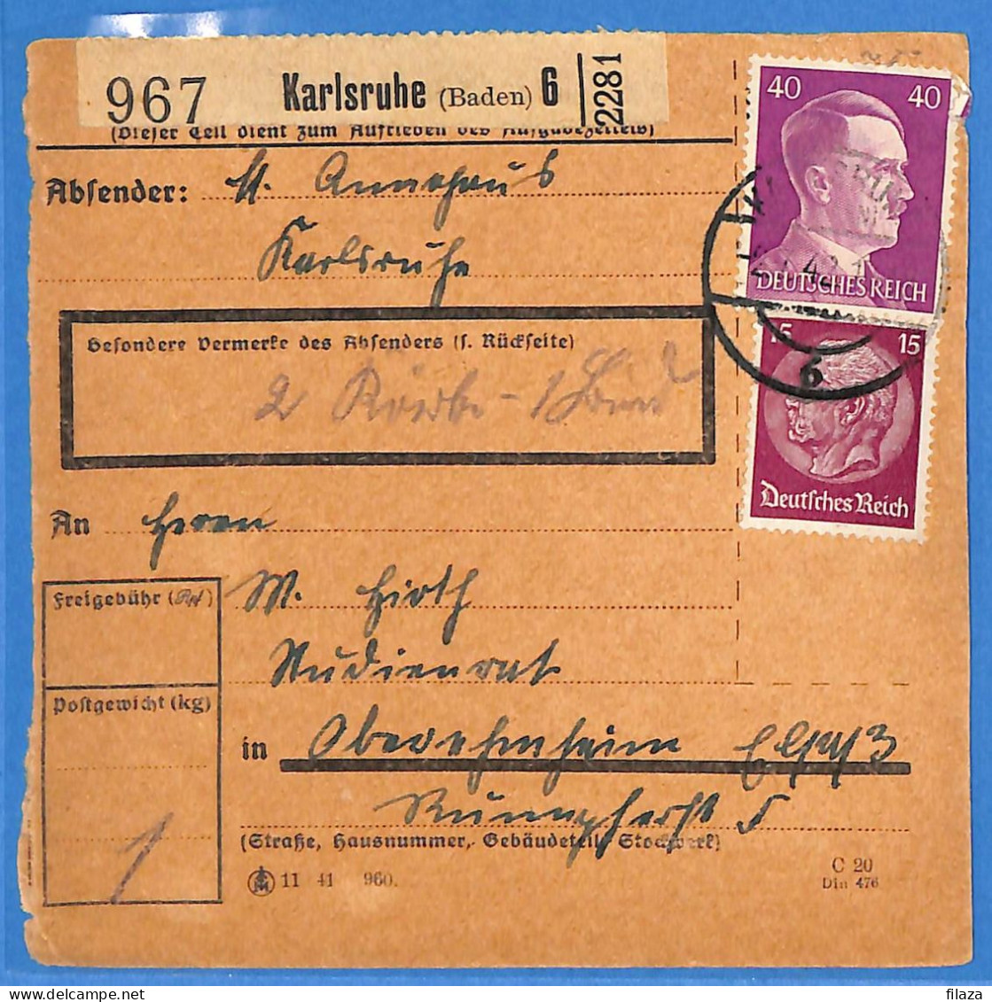 Allemagne Reich 1942 - Carte Postale De Karlsruhe - G33193 - Covers & Documents