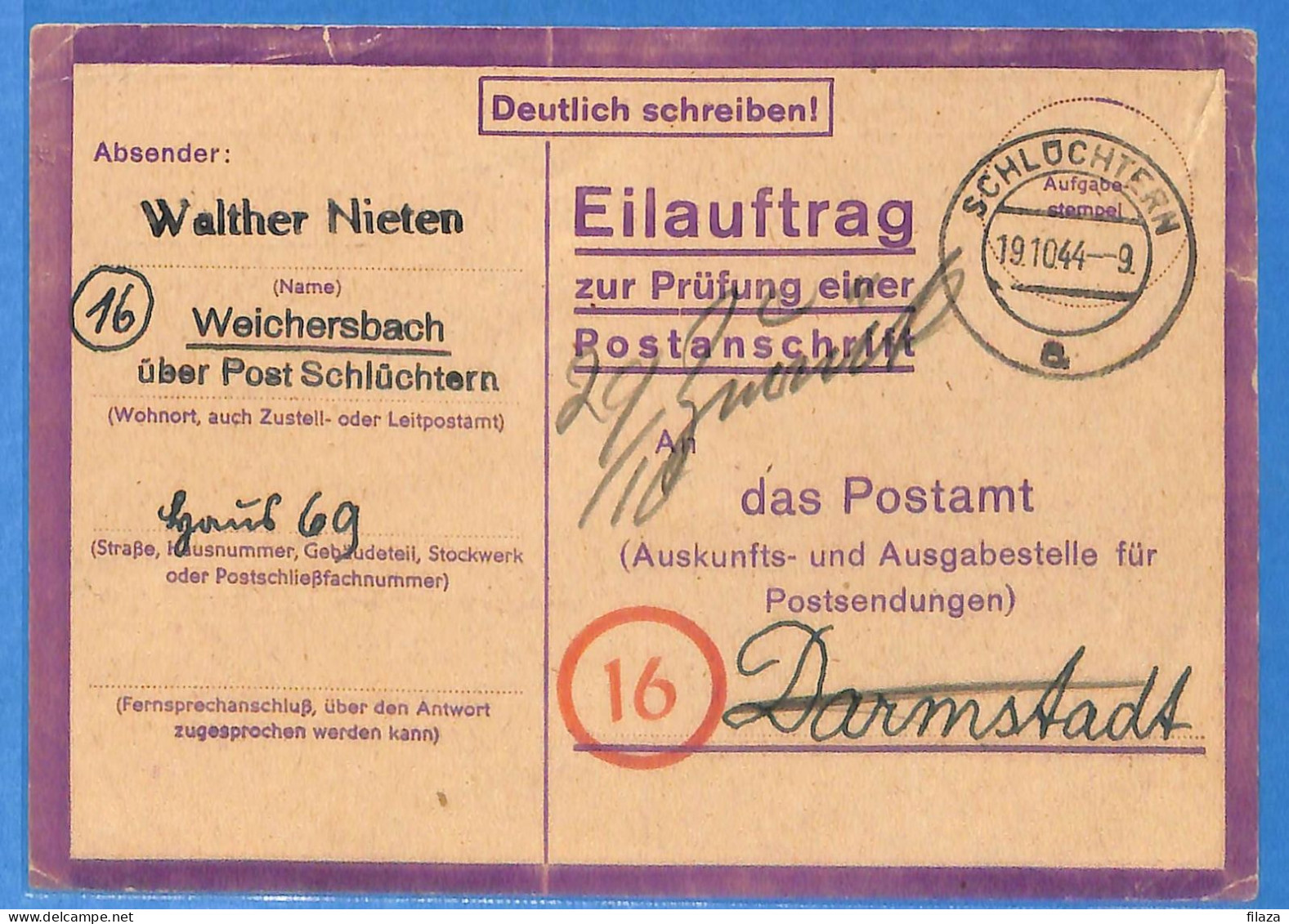 Allemagne Reich 1944 - Carte Postale De Schluchtern - G33176 - Lettres & Documents